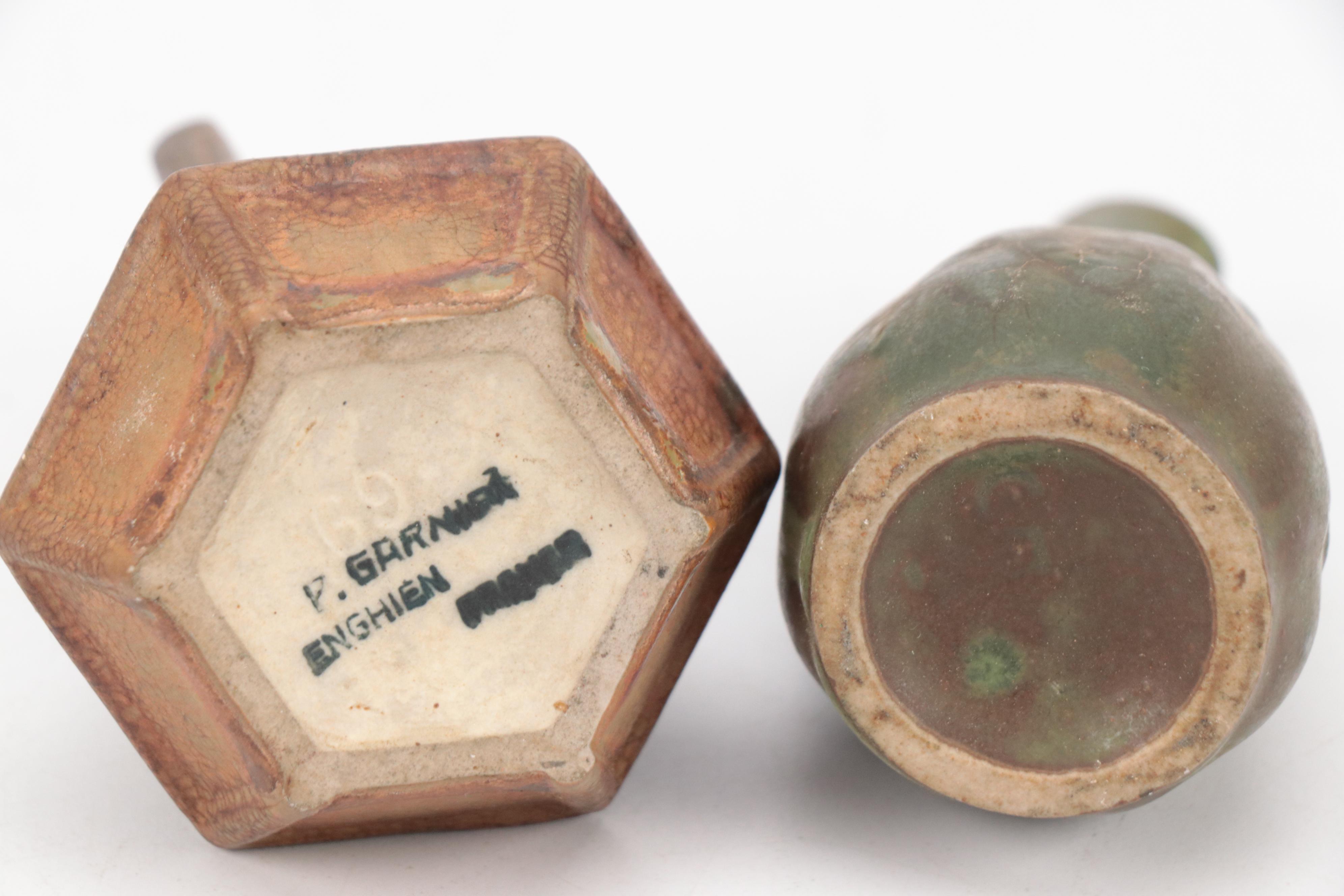 P. Garnier and Other Stoneware Bottle with Egyptian and Indian Style Figurines