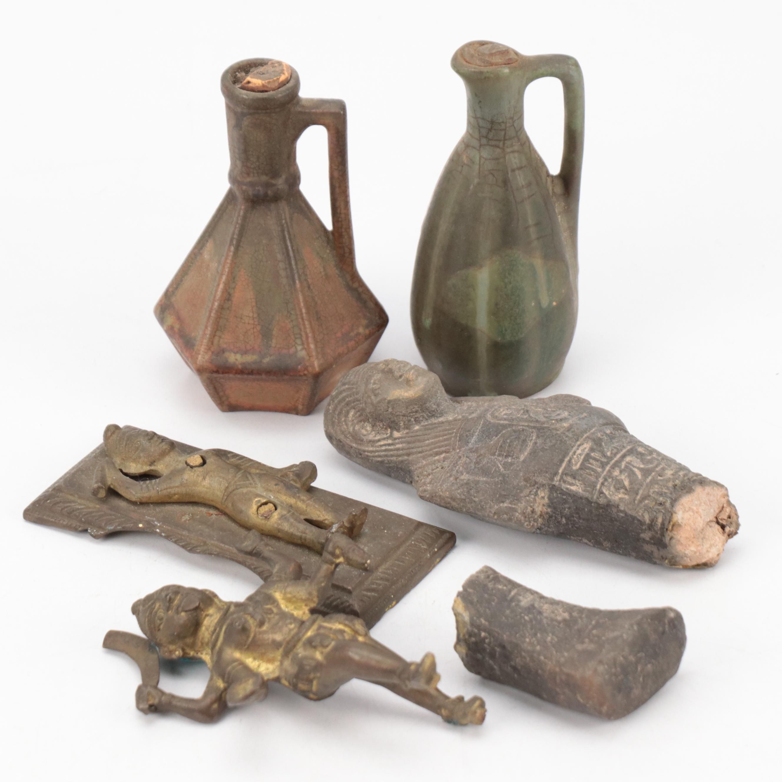 P. Garnier and Other Stoneware Bottle with Egyptian and Indian Style Figurines