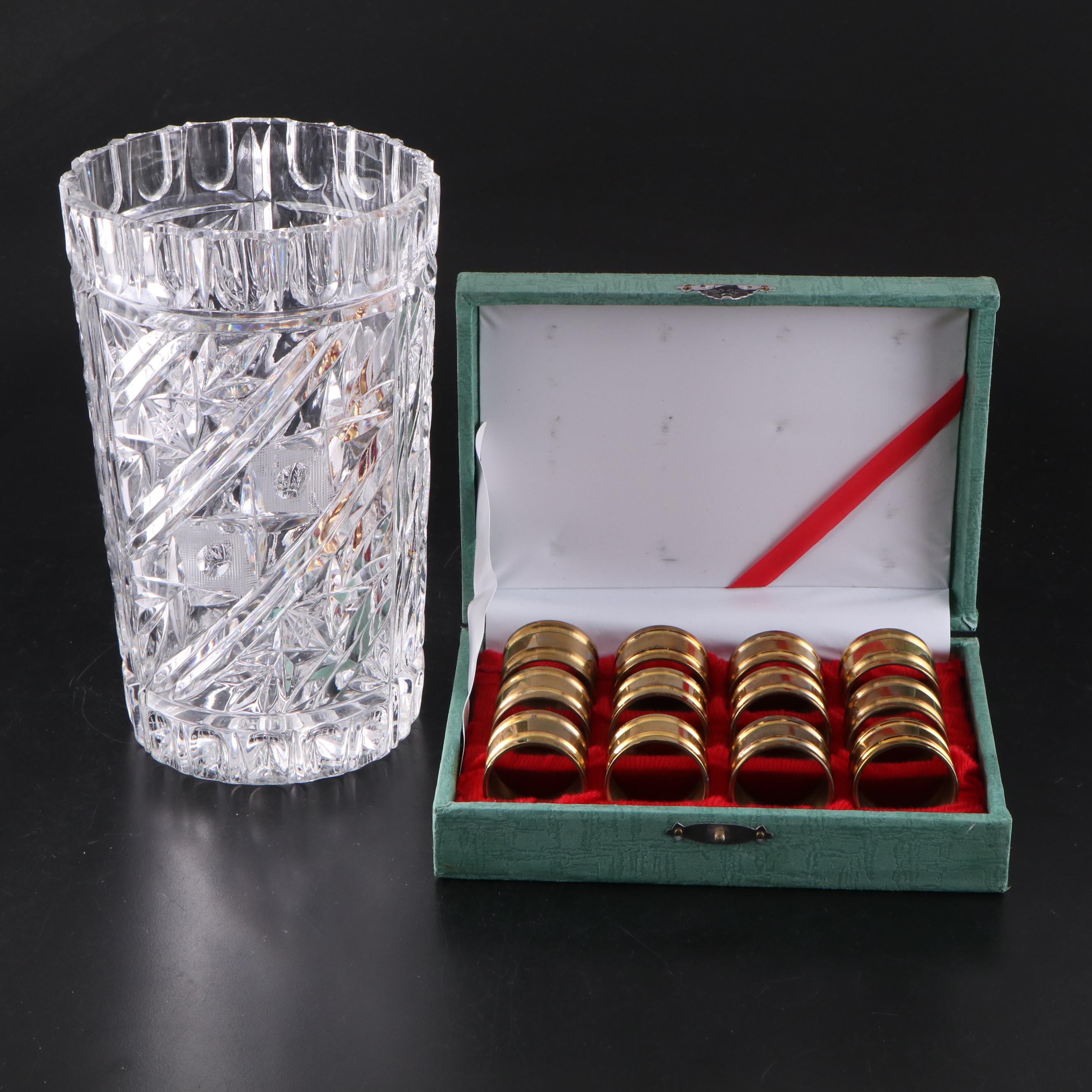 Cut Crystal "Starlet" Vase with Brass Napkin Ring Set