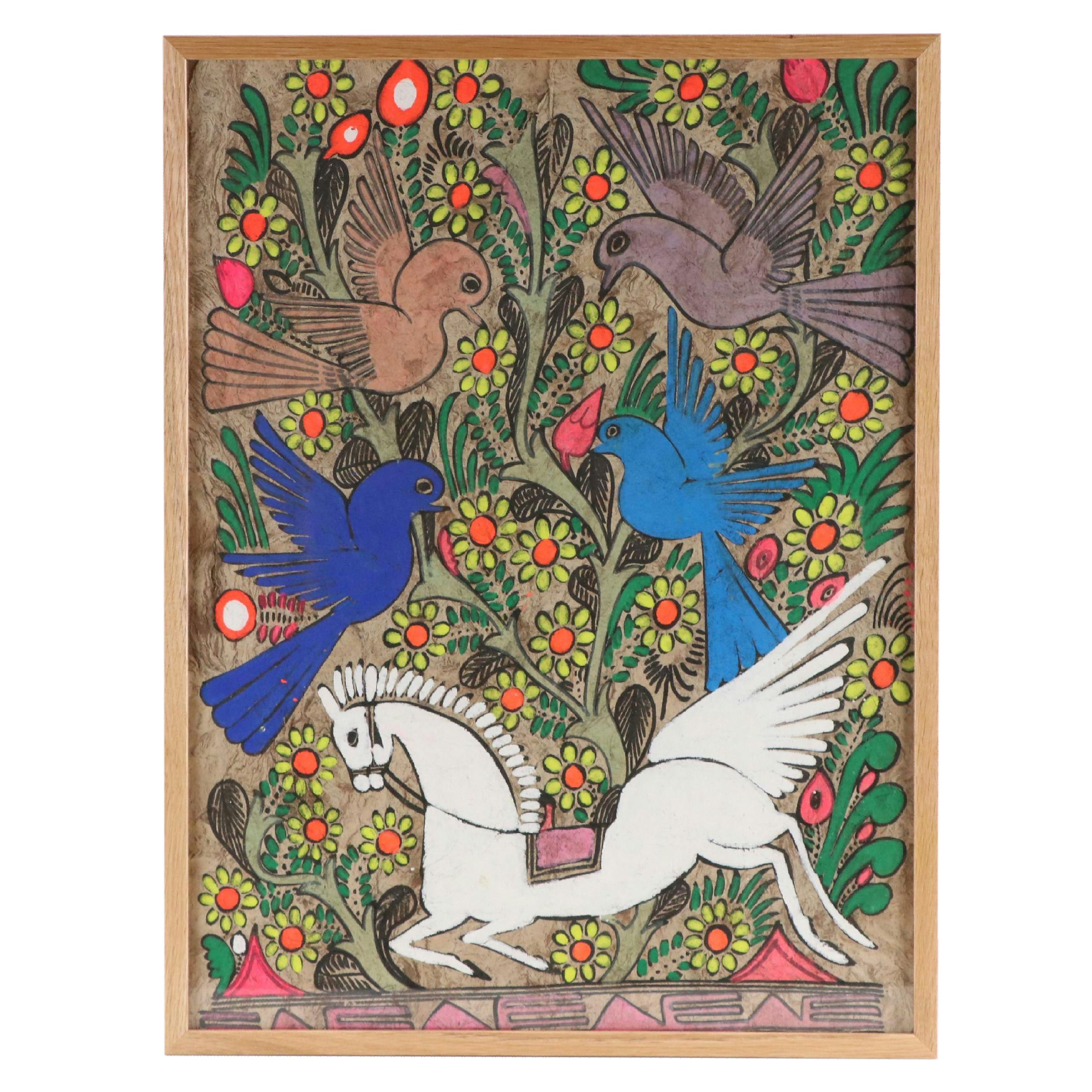 Mexican Folk Art Amate Bark Painting of Horse and Birds