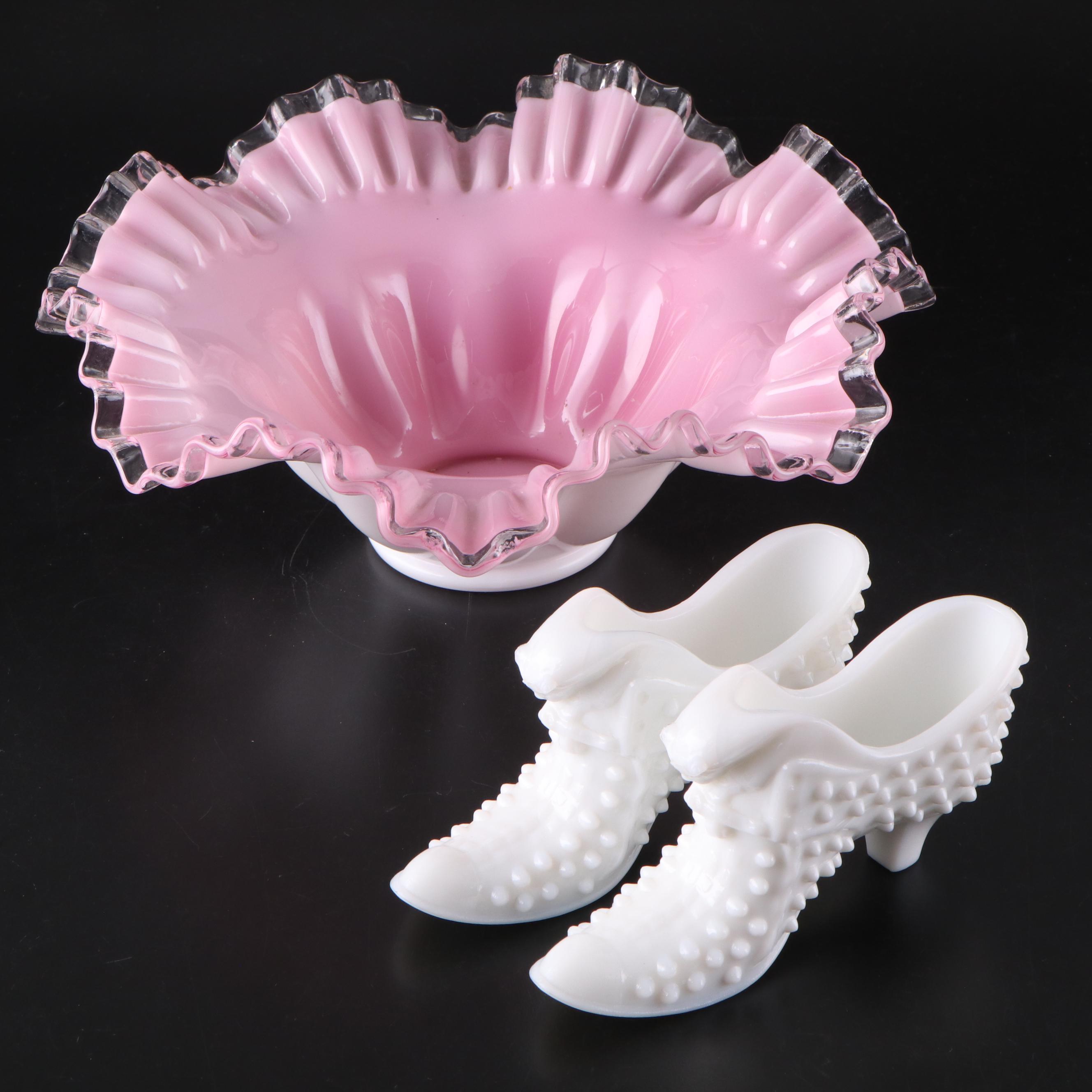 Fenton Hobnail Milk Glass Slippers and Peach Crest Crimped Candy Bowl