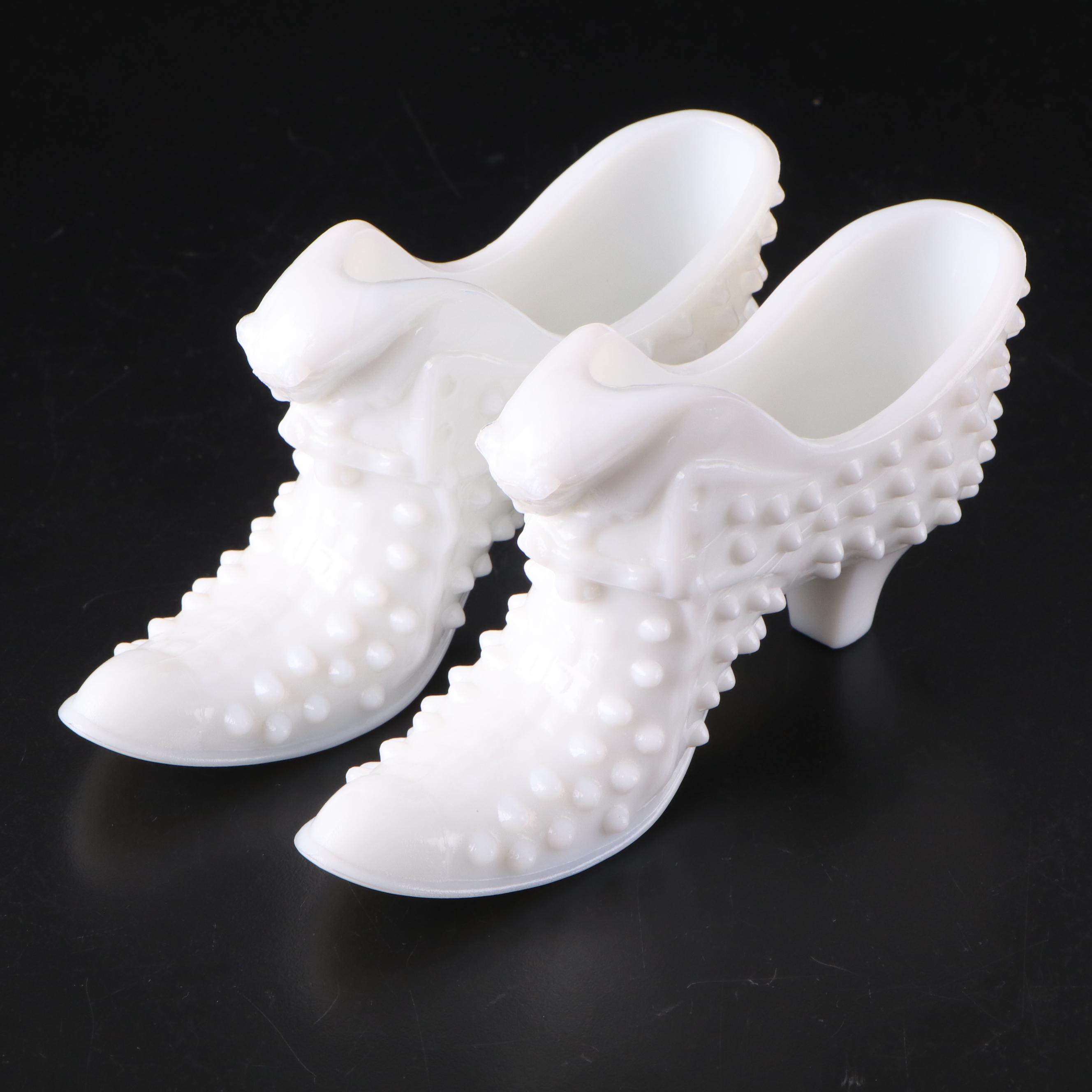 Fenton Hobnail Milk Glass Slippers and Peach Crest Crimped Candy Bowl