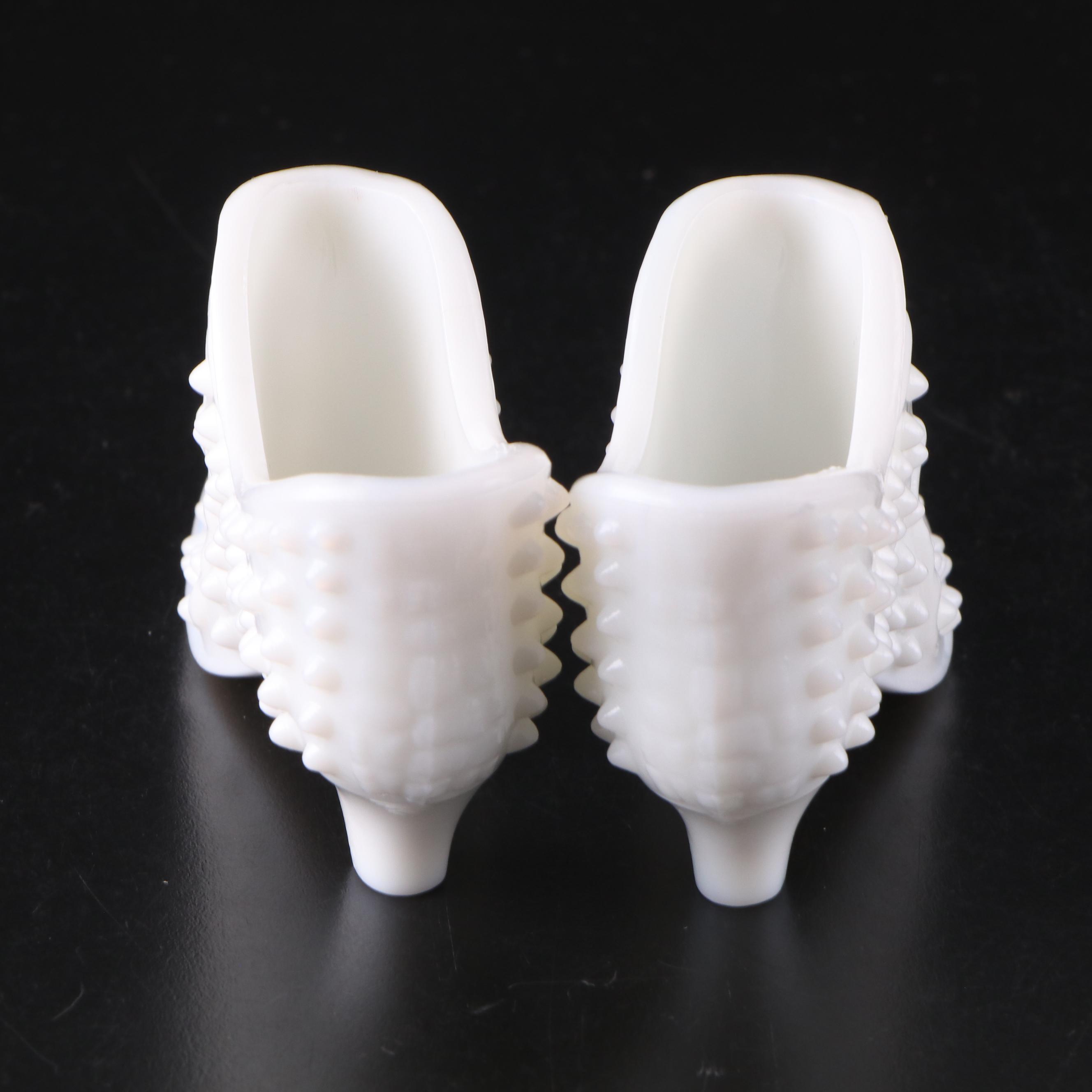 Fenton Hobnail Milk Glass Slippers and Peach Crest Crimped Candy Bowl