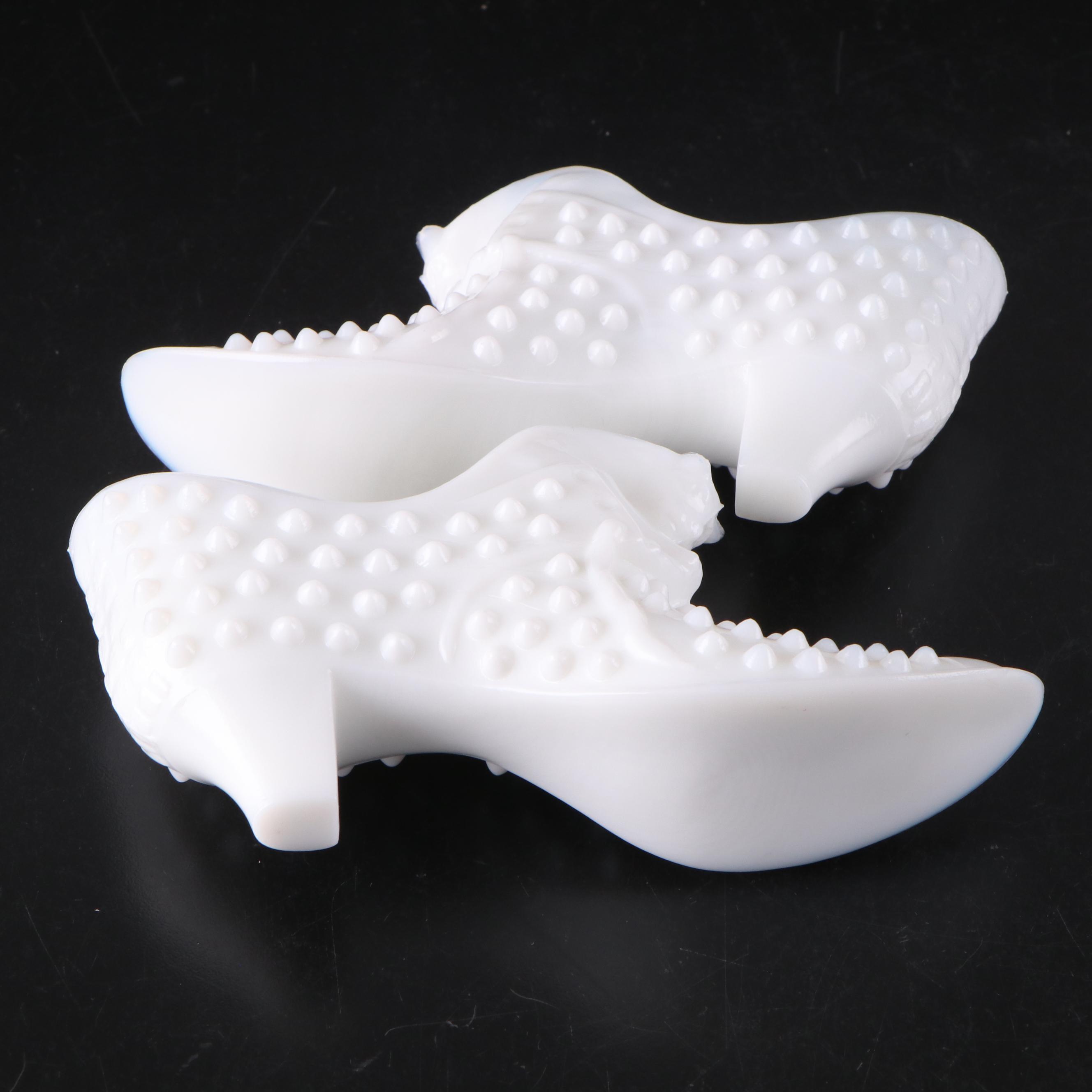 Fenton Hobnail Milk Glass Slippers and Peach Crest Crimped Candy Bowl