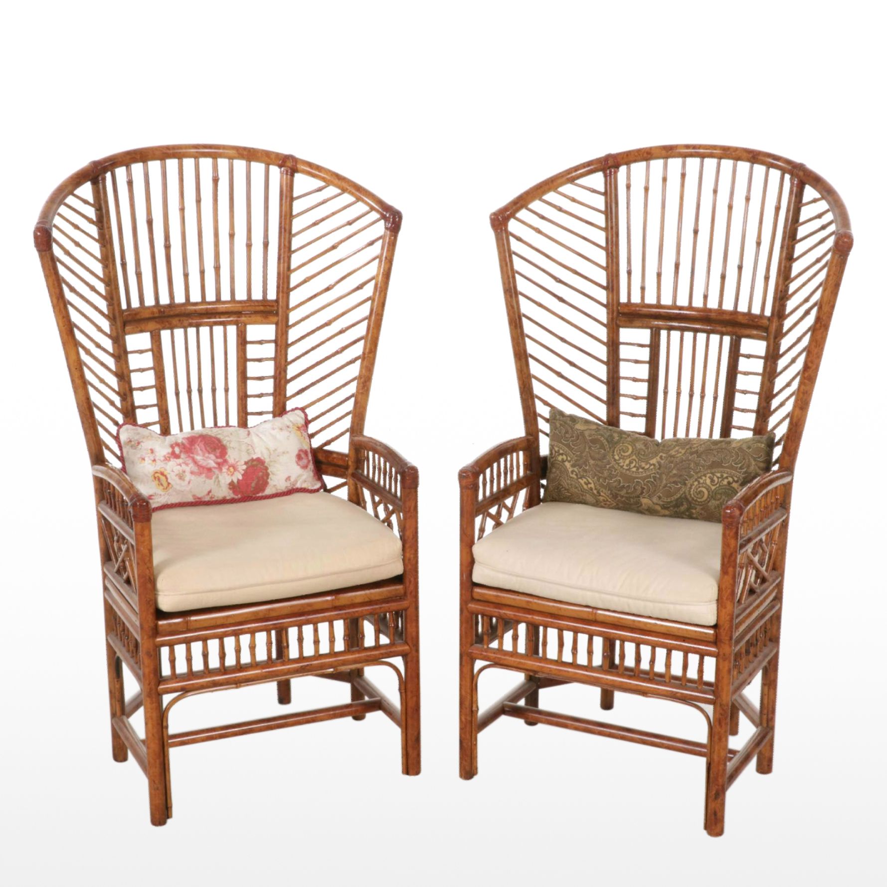 Pair of Chippendale Style Rattan and Caned Seat High-Back Armchairs