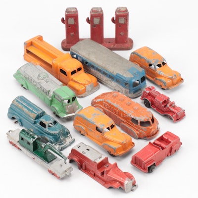 TootsieToy, Manoil with OtherToy Trucks, Gas Pumps and Train Car, Mid-20th C.