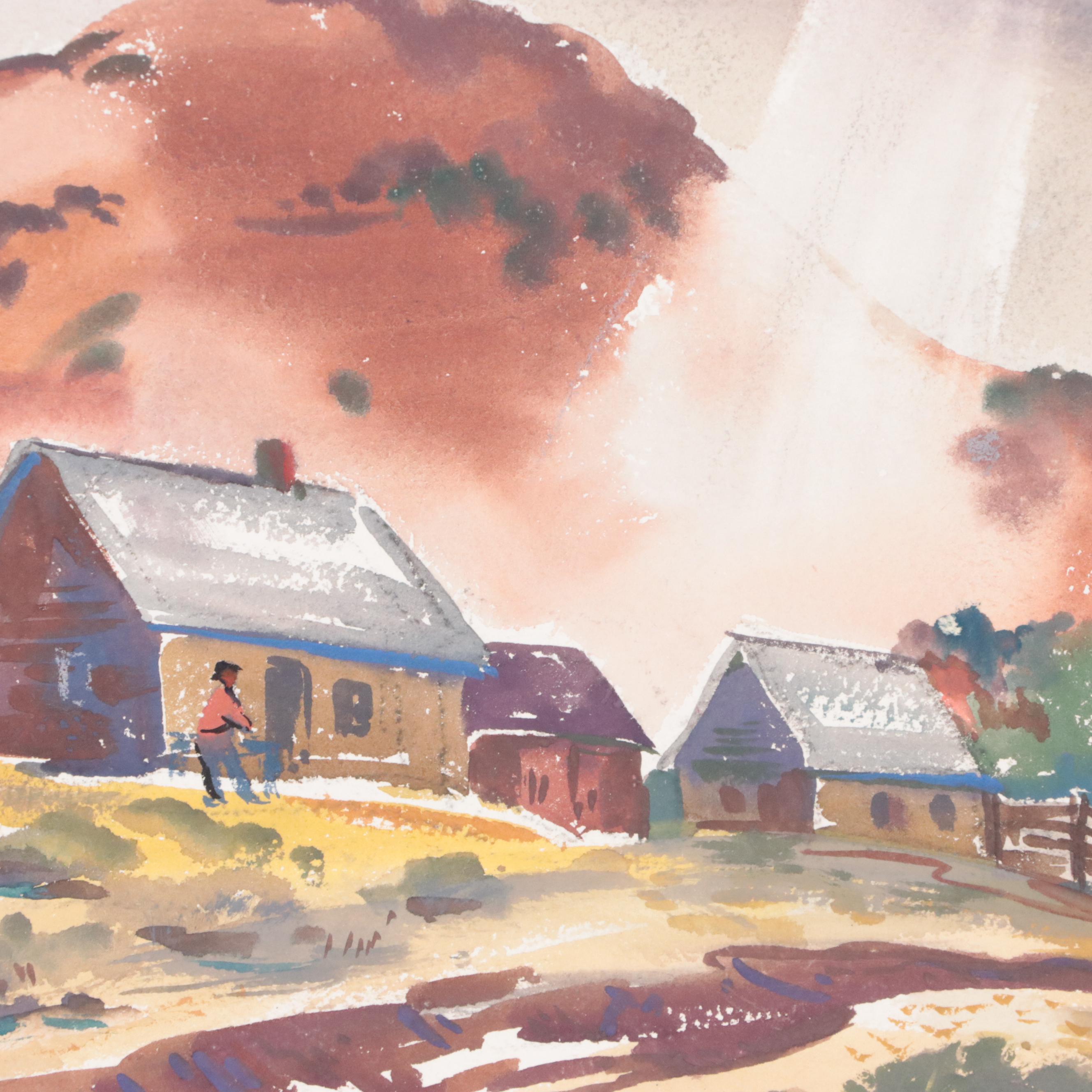 Jerry Bywaters Countryside Landscape Watercolor Painting, Mid-20th Century