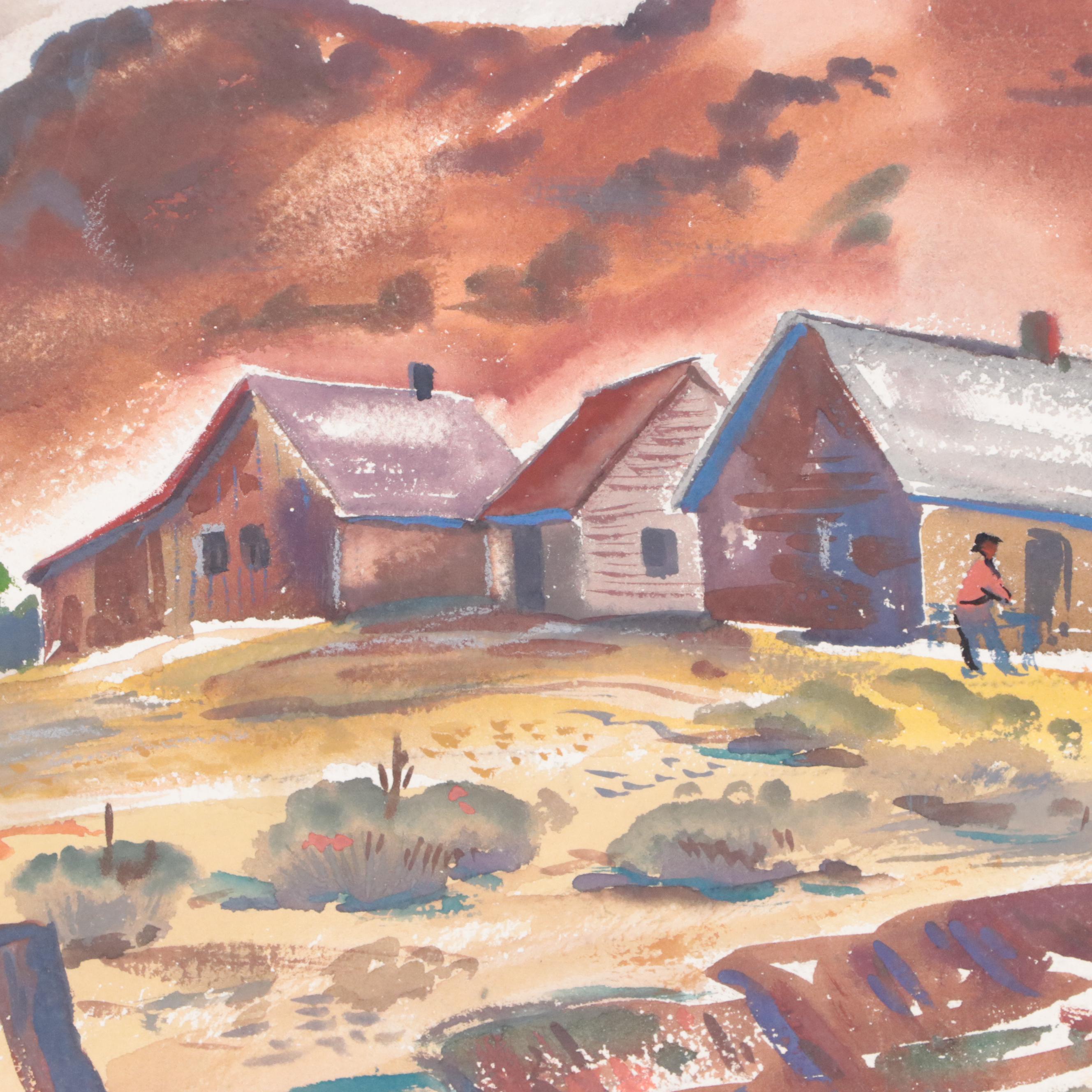 Jerry Bywaters Countryside Landscape Watercolor Painting, Mid-20th Century