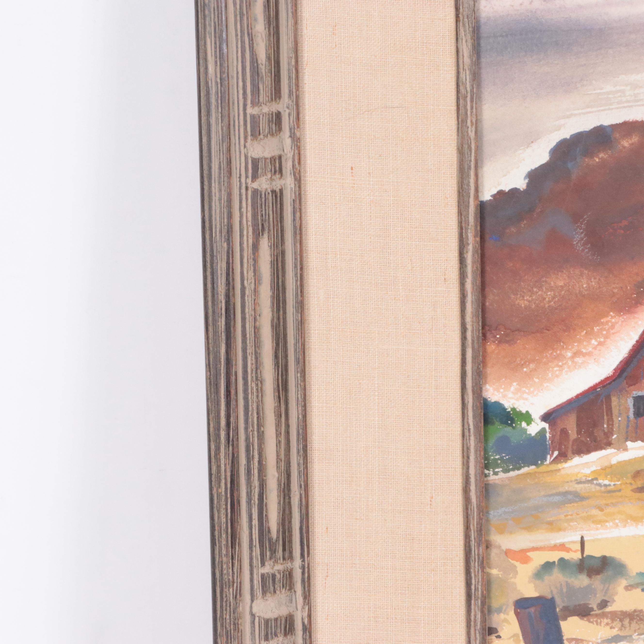 Jerry Bywaters Countryside Landscape Watercolor Painting, Mid-20th Century