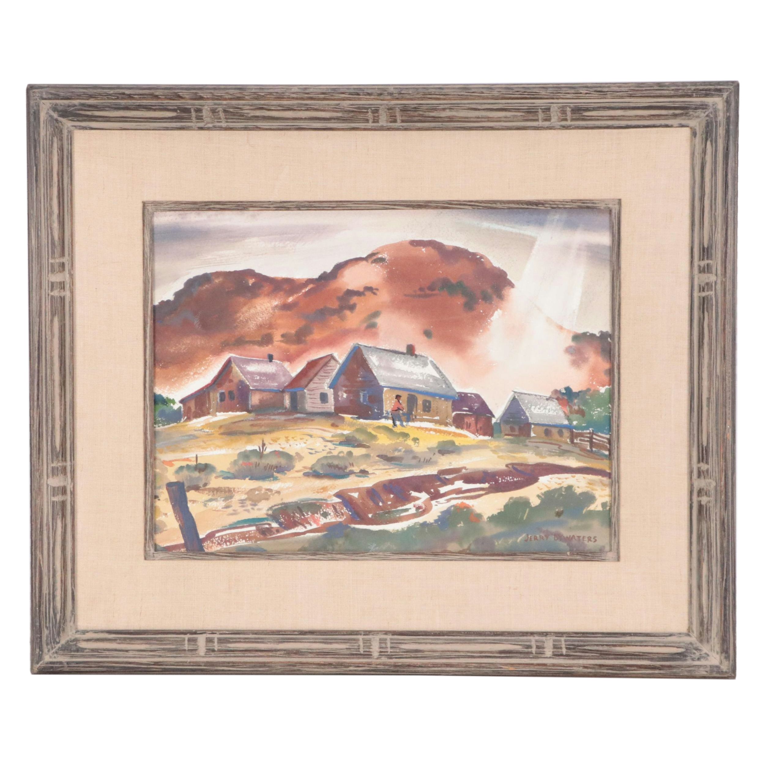 Jerry Bywaters Countryside Landscape Watercolor Painting, Mid-20th Century