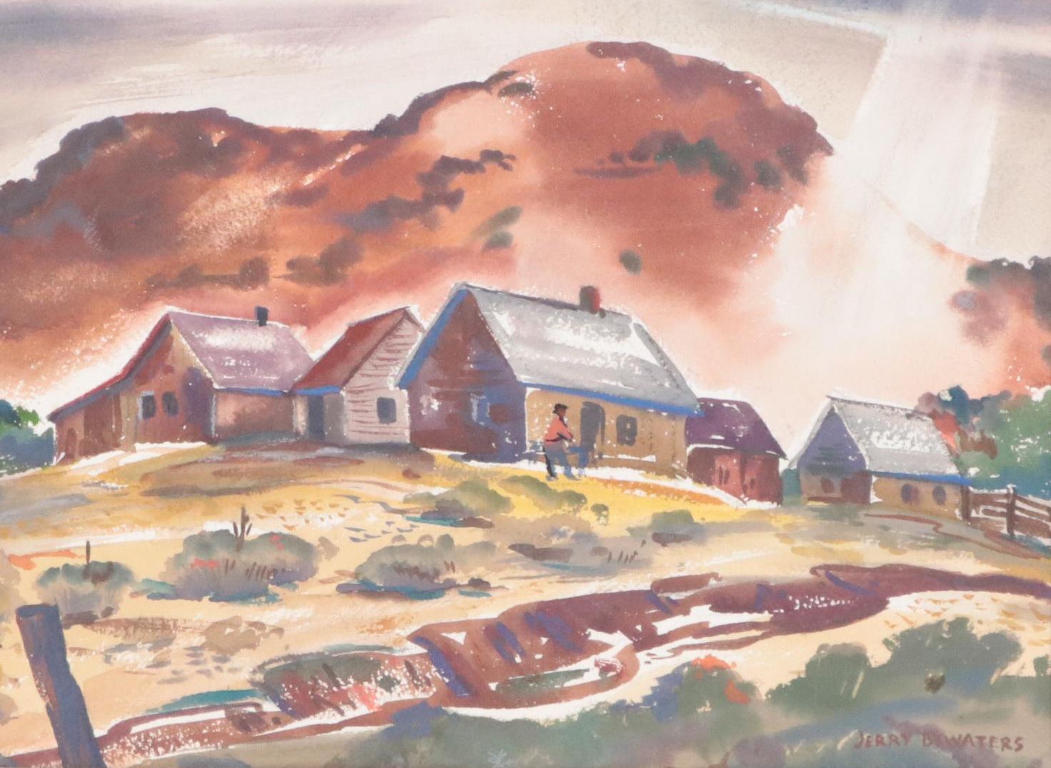 Jerry Bywaters Countryside Landscape Watercolor Painting, Mid-20th Century