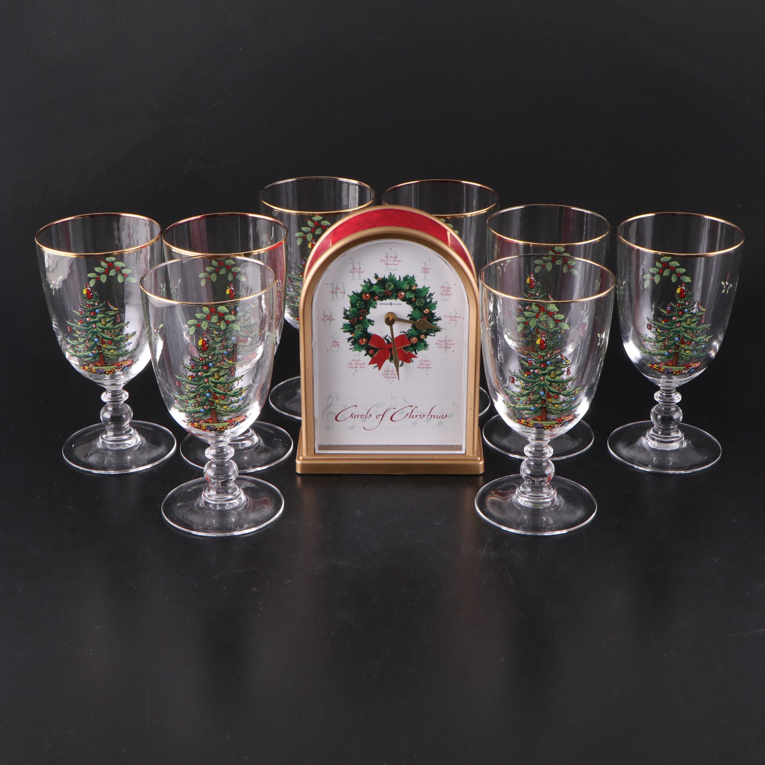 Spode "Christmas Tree" Water Goblets and Howard Miller Clock