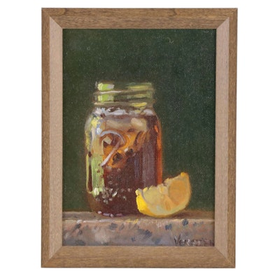 Still Life Oil Painting of Iced Tea in Mason Jar With Lemon Slice