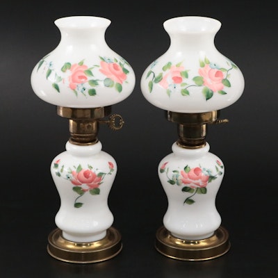 Hand-Painted Milk Glass Boudoir Lamps, Mid to Late 20th Century
