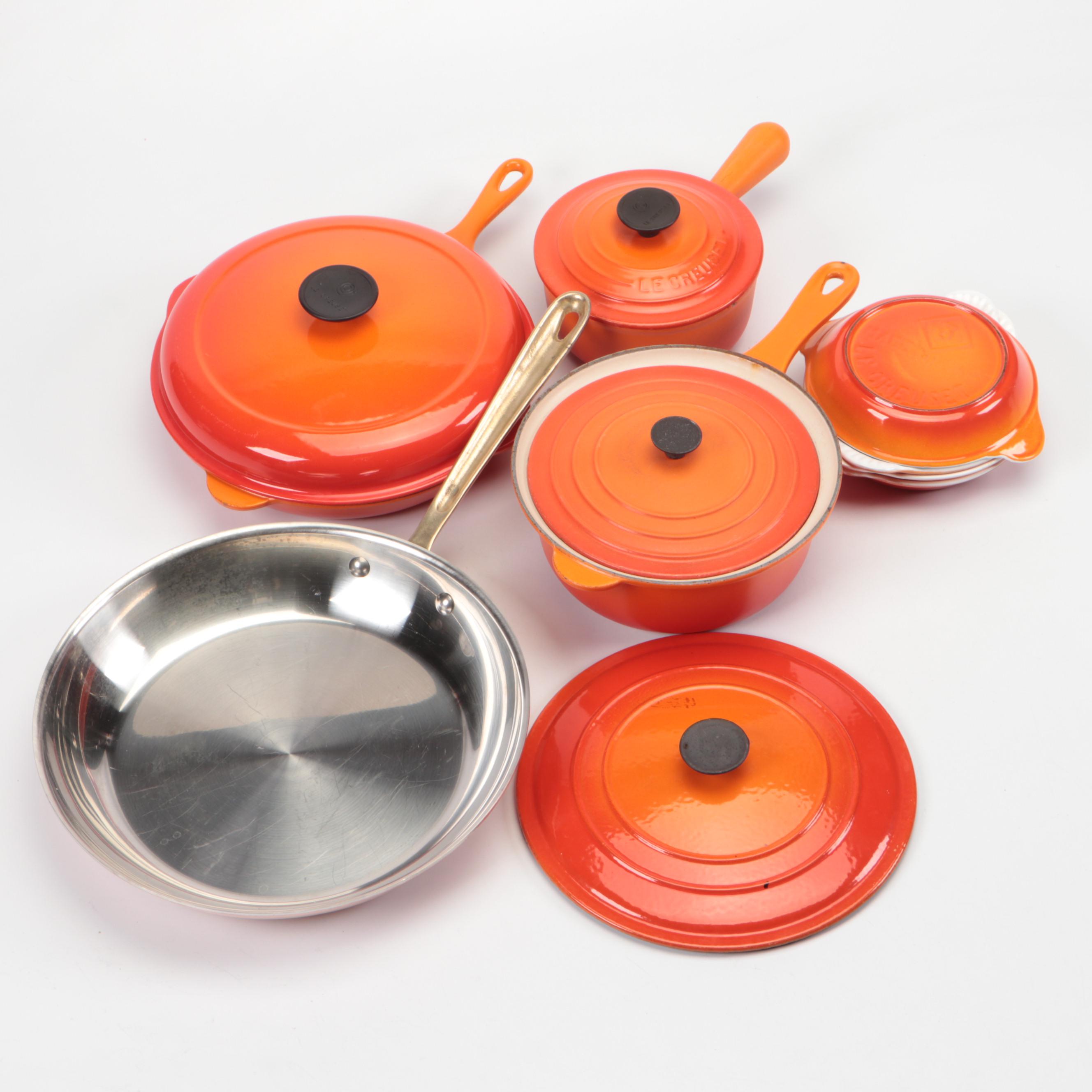Le Creuset Enameled Cast Iron Sauce Pans and Skillet with Au Gratin Dishes