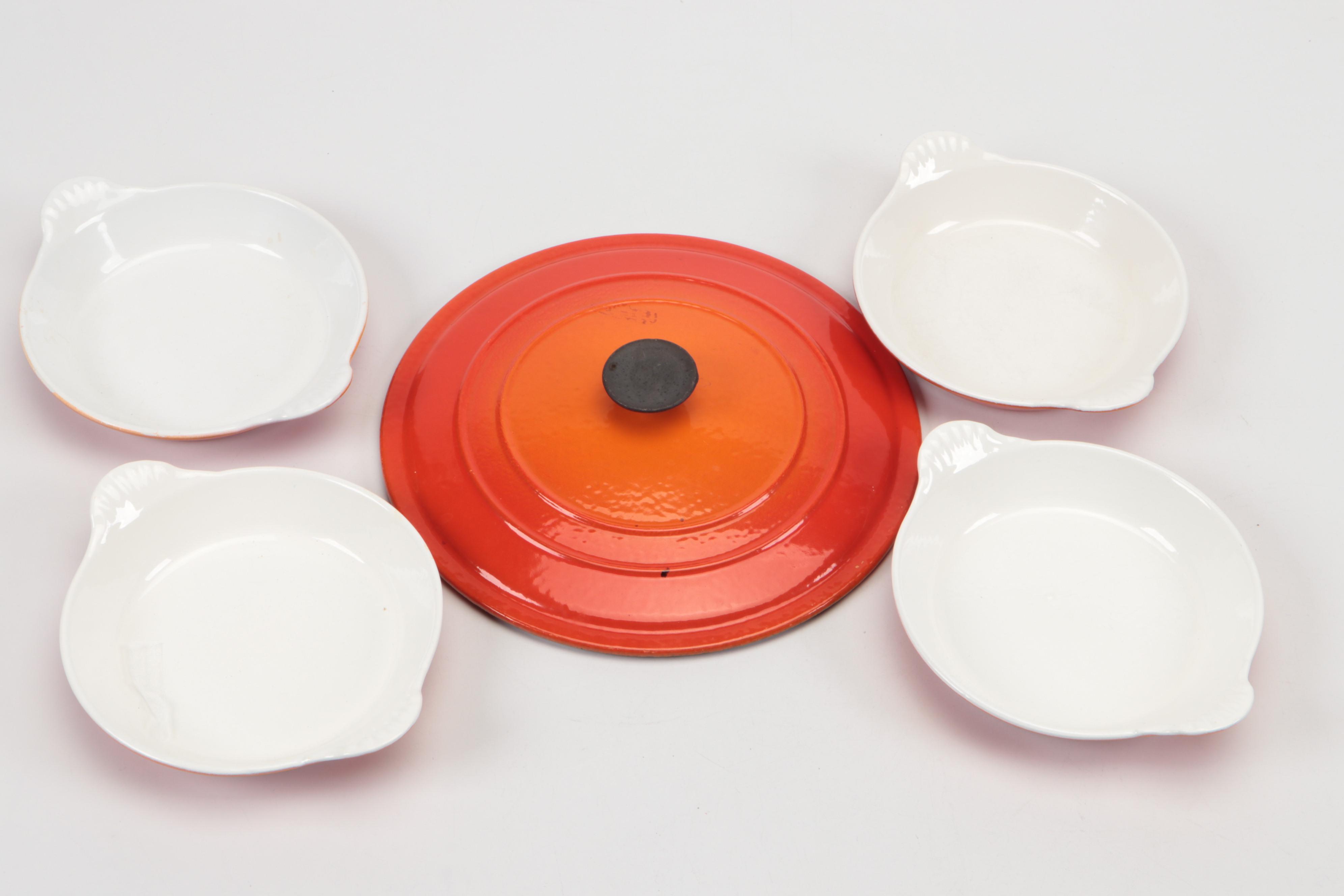 Le Creuset Enameled Cast Iron Sauce Pans and Skillet with Au Gratin Dishes