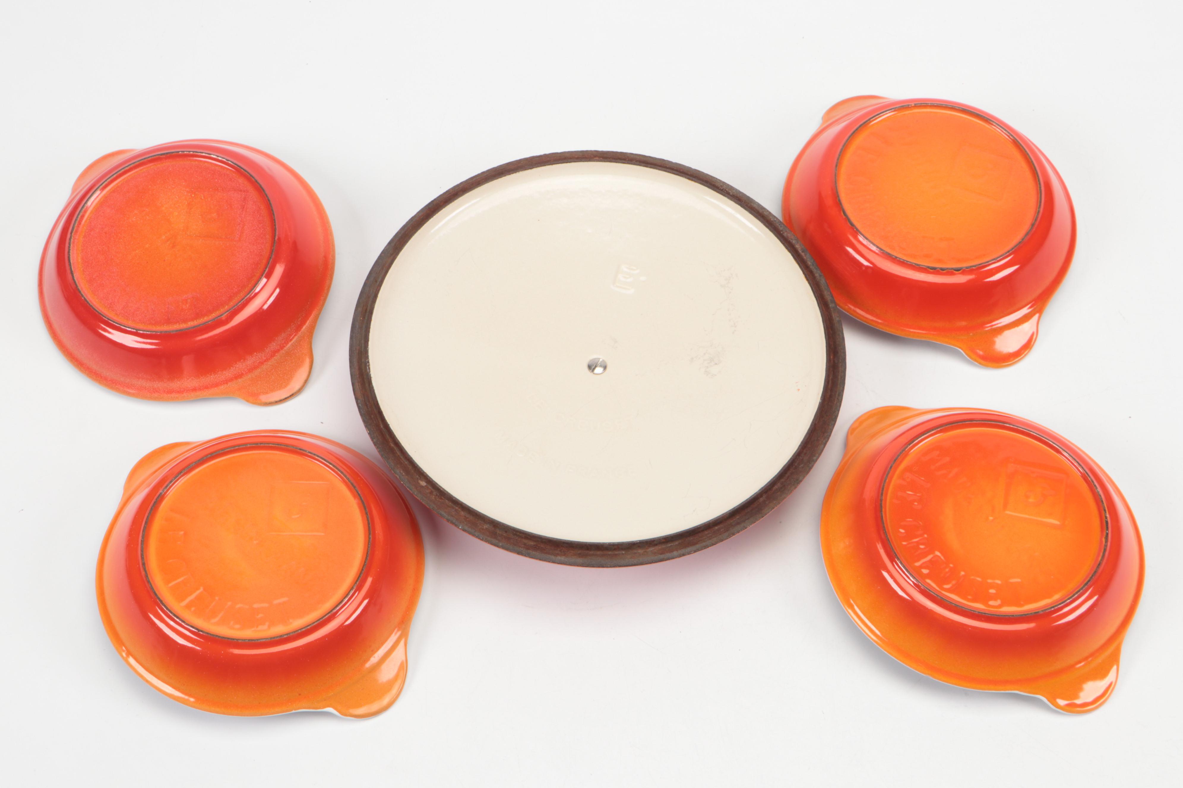 Le Creuset Enameled Cast Iron Sauce Pans and Skillet with Au Gratin Dishes