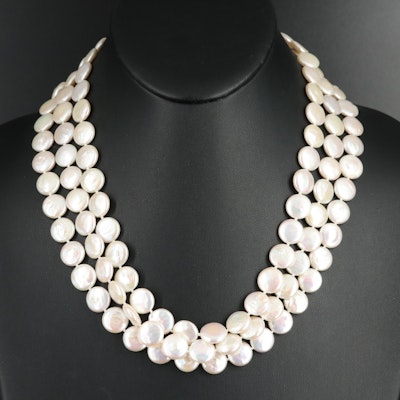 Triple-Strand Coin Pearl Necklace with 14K Clasp