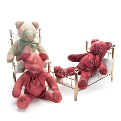 Quilted Patchwork Teddy Bears with Brass Doll Furniture