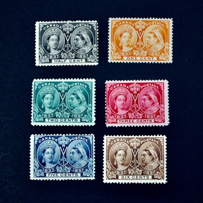 Six Mint Hinged 1897 Canada Jubilee Postage Stamps