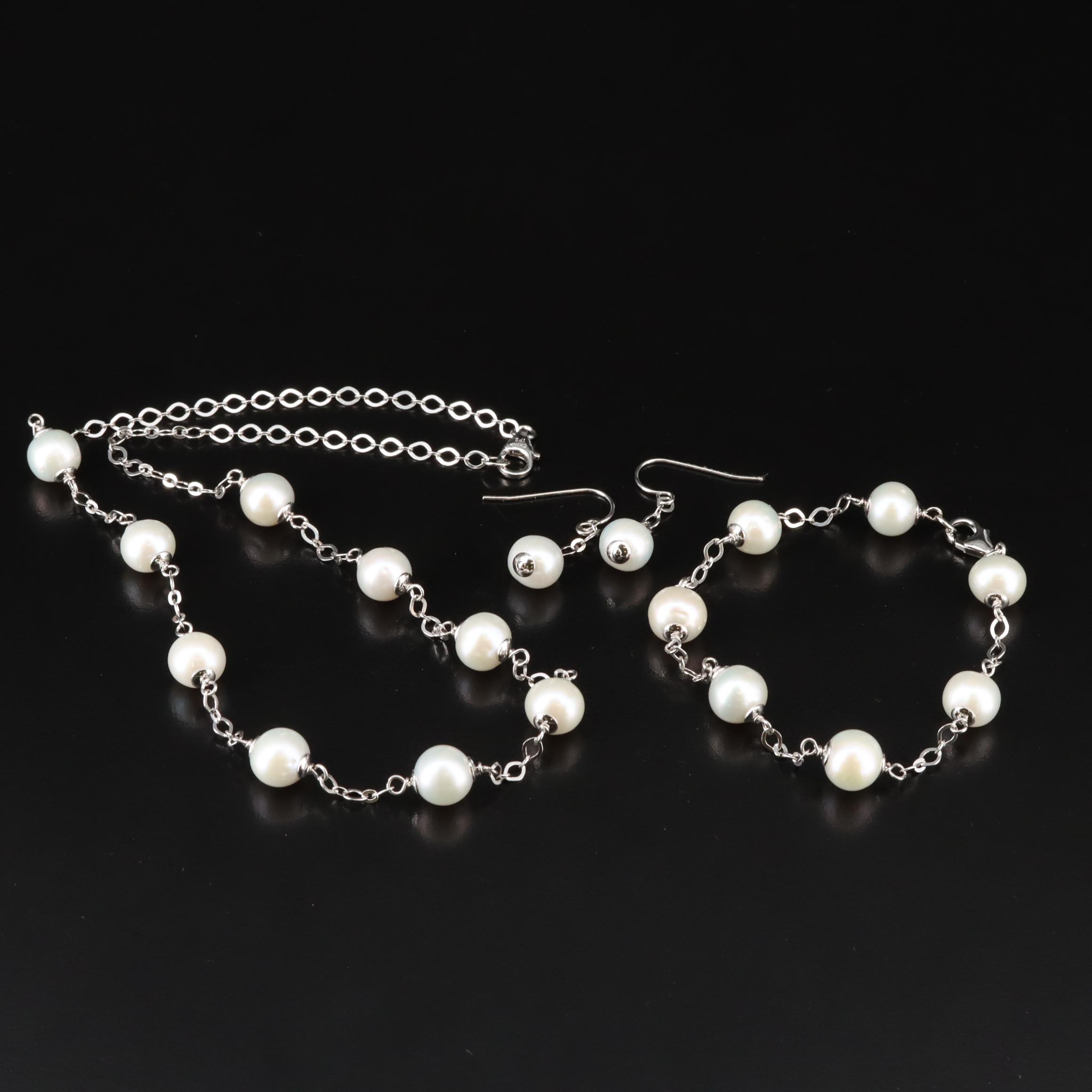 Sterling Pearl Necklace, Bracelet and Earrings