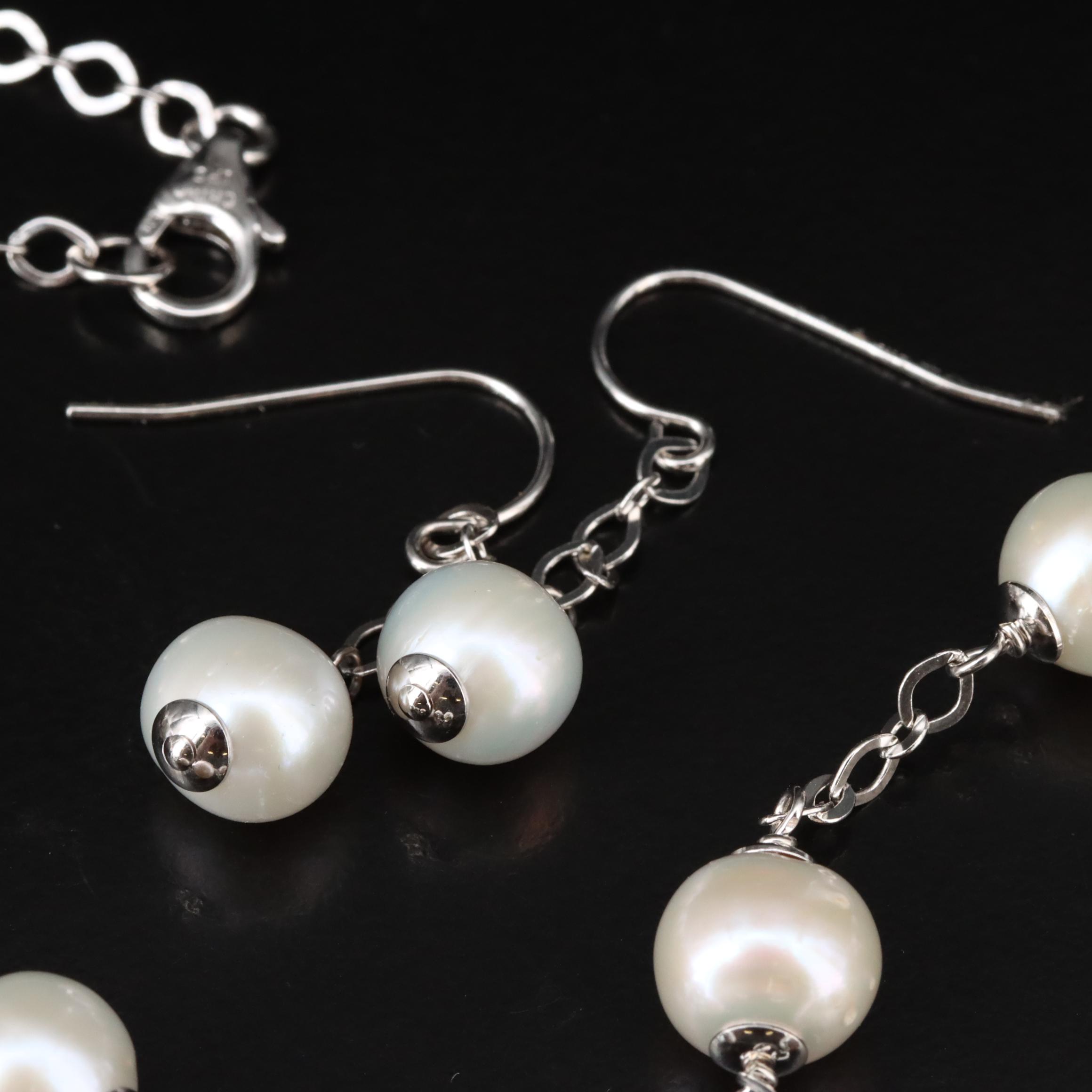 Sterling Pearl Necklace, Bracelet and Earrings