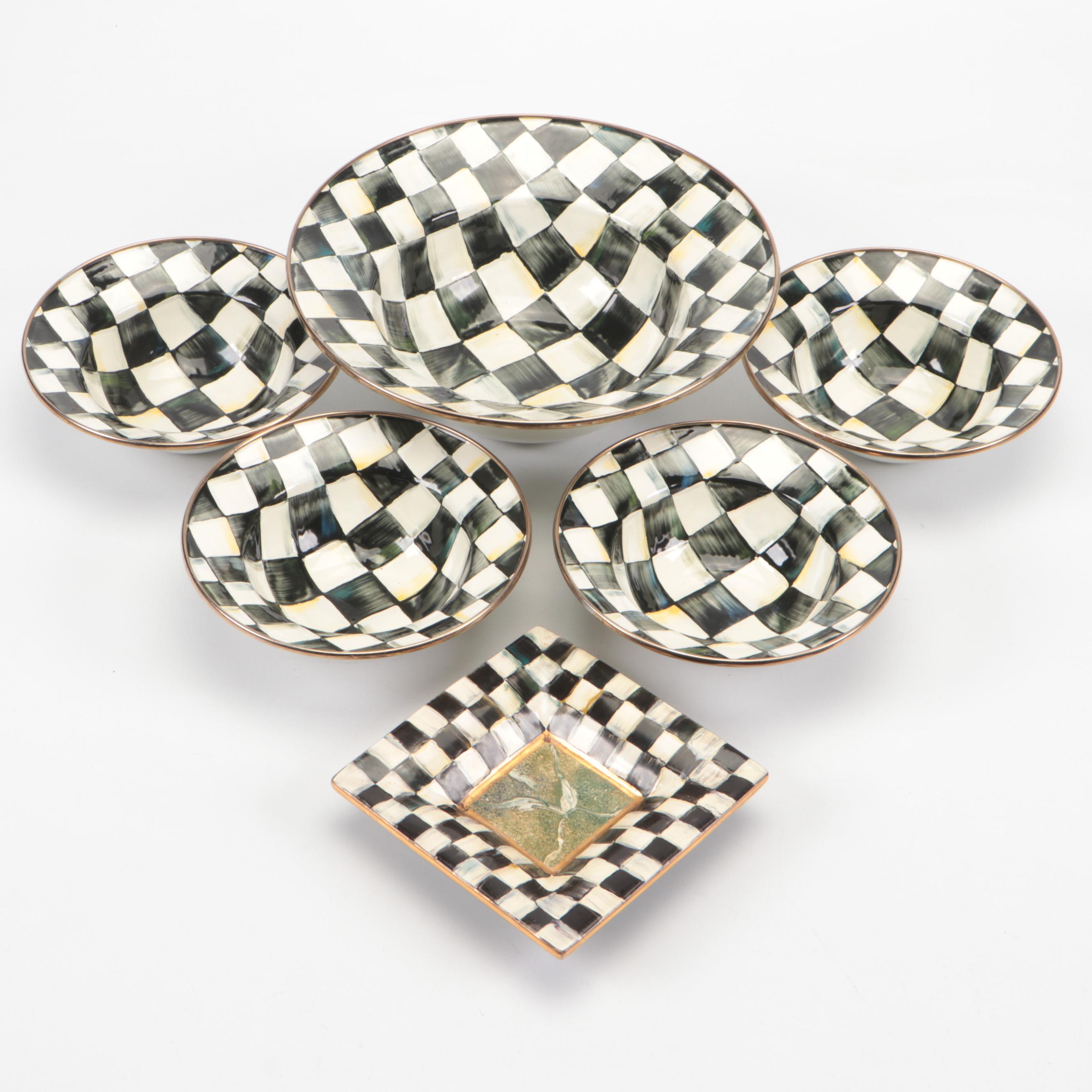 MacKenzie-Childs "Cheltenham" Terracotta Plate and "Courtly Check" Enamel Bowls