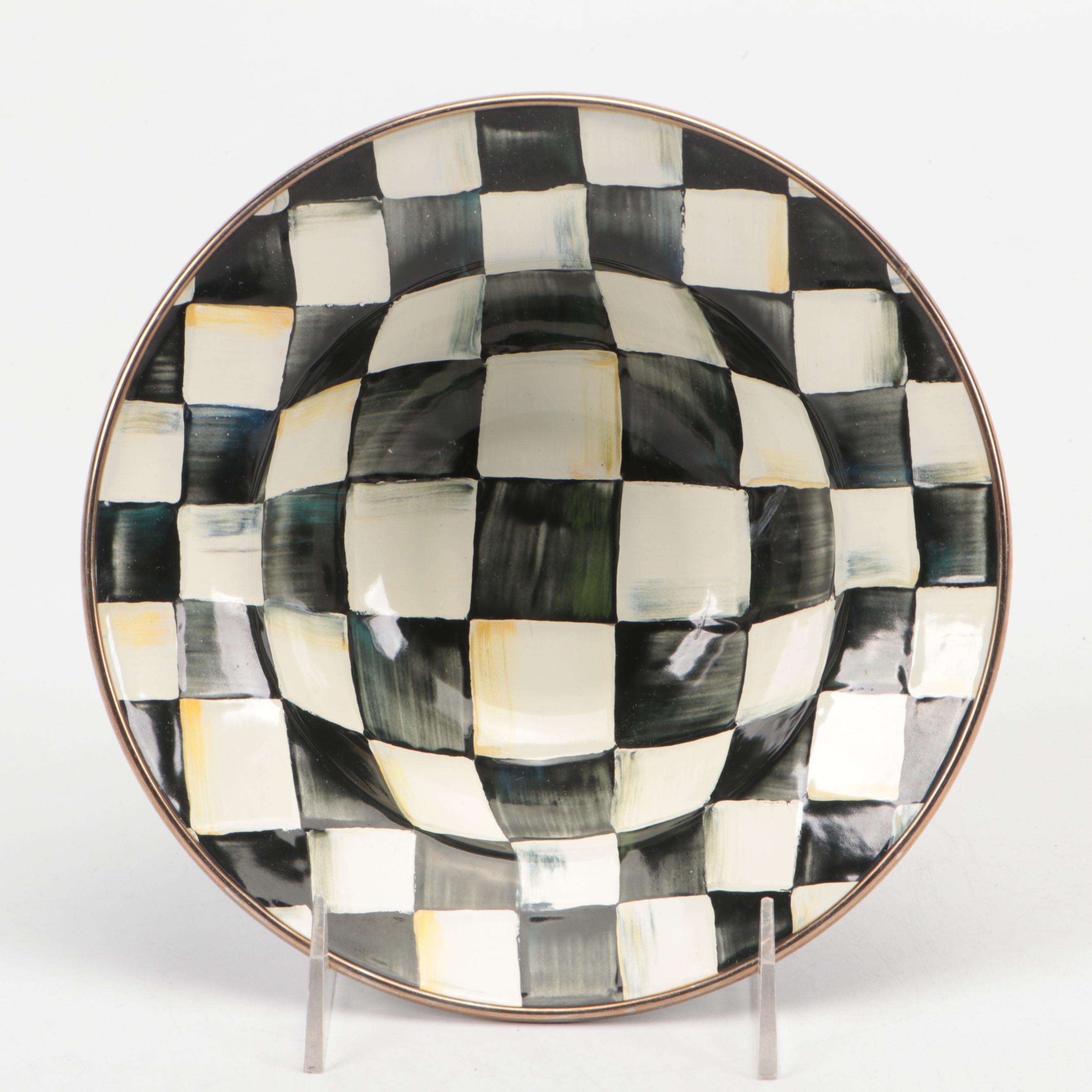 MacKenzie-Childs "Cheltenham" Terracotta Plate and "Courtly Check" Enamel Bowls