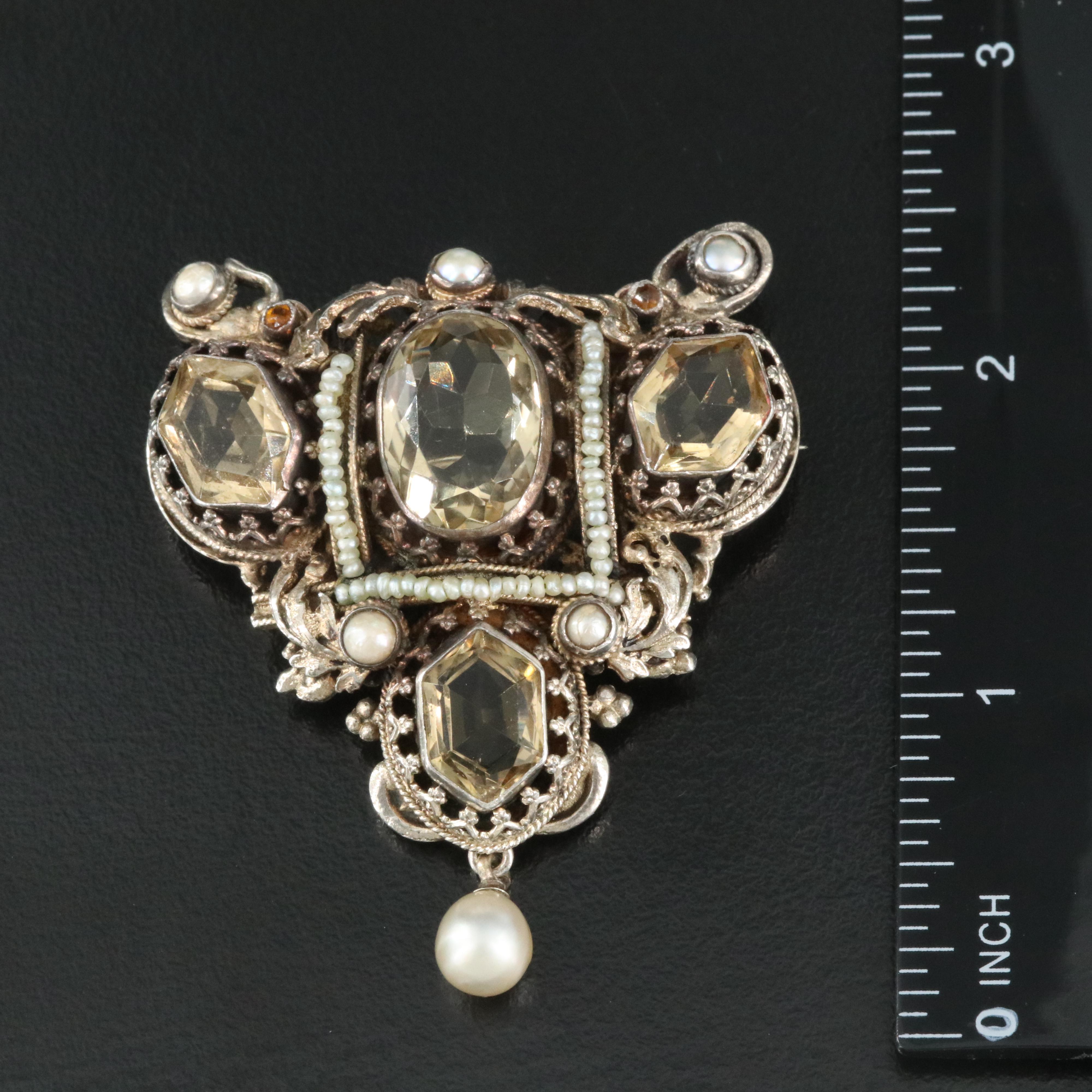 Antique Austro-Hungarian Sterling Brooch Including Smoky Quartz and Seed Pearl