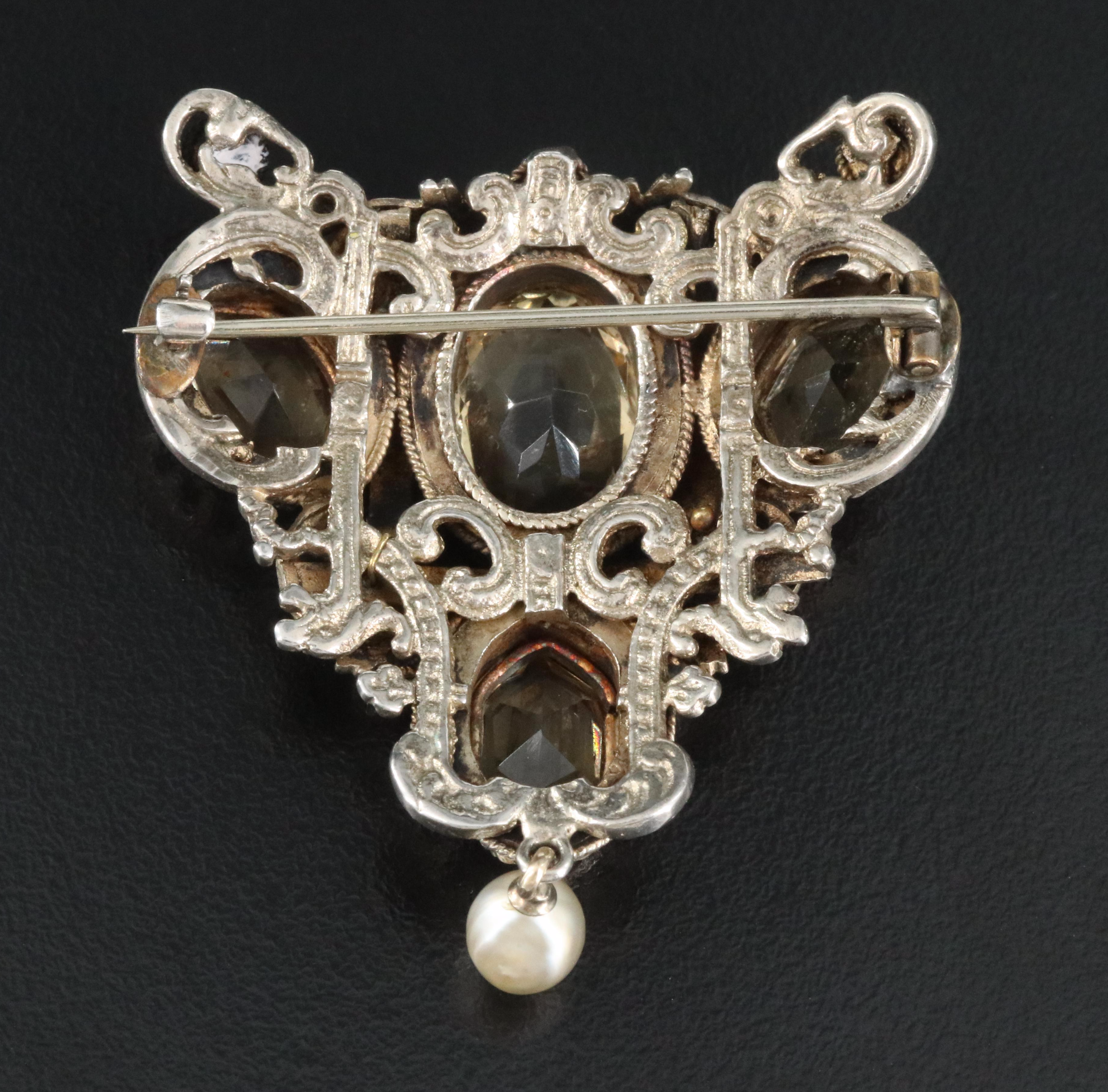 Antique Austro-Hungarian Sterling Brooch Including Smoky Quartz and Seed Pearl