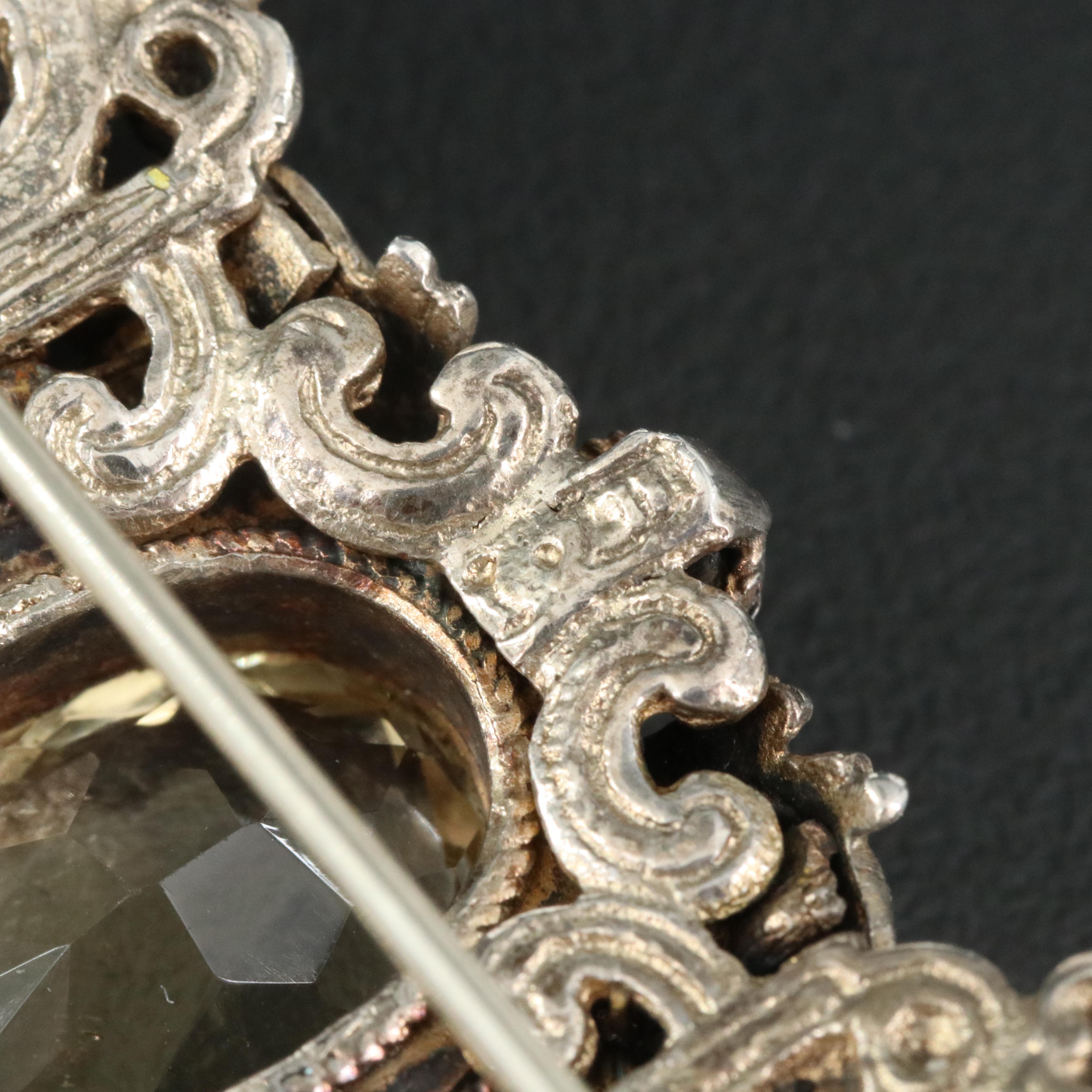 Antique Austro-Hungarian Sterling Brooch Including Smoky Quartz and Seed Pearl