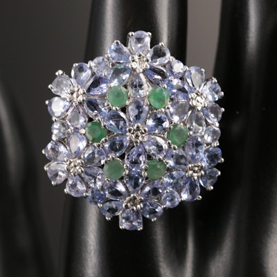 Sterling Emerald and Tanzanite Flower Cluster Ring