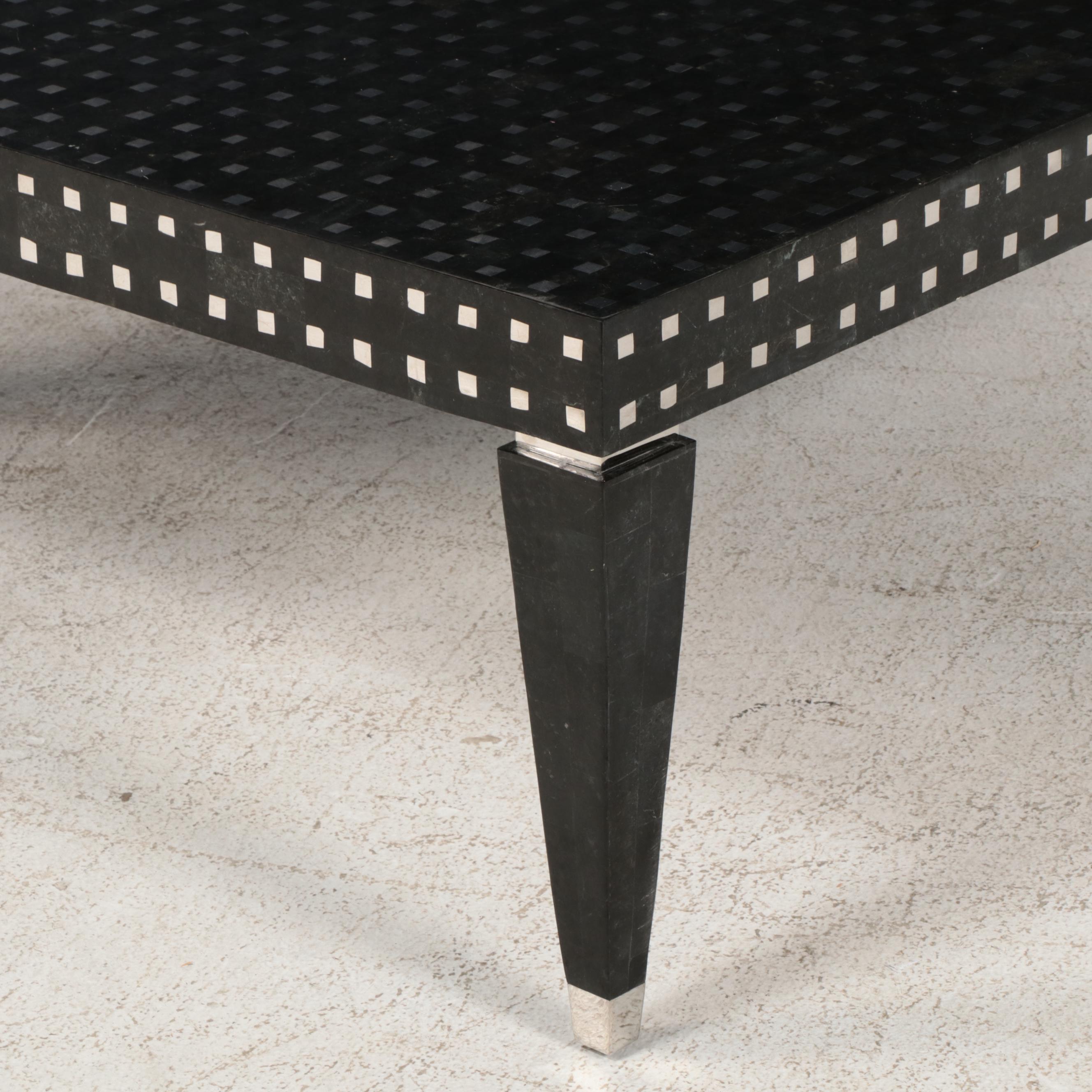 Italian Modern Marble and Inlaid Chromed Metal Coffee Table, 1970s