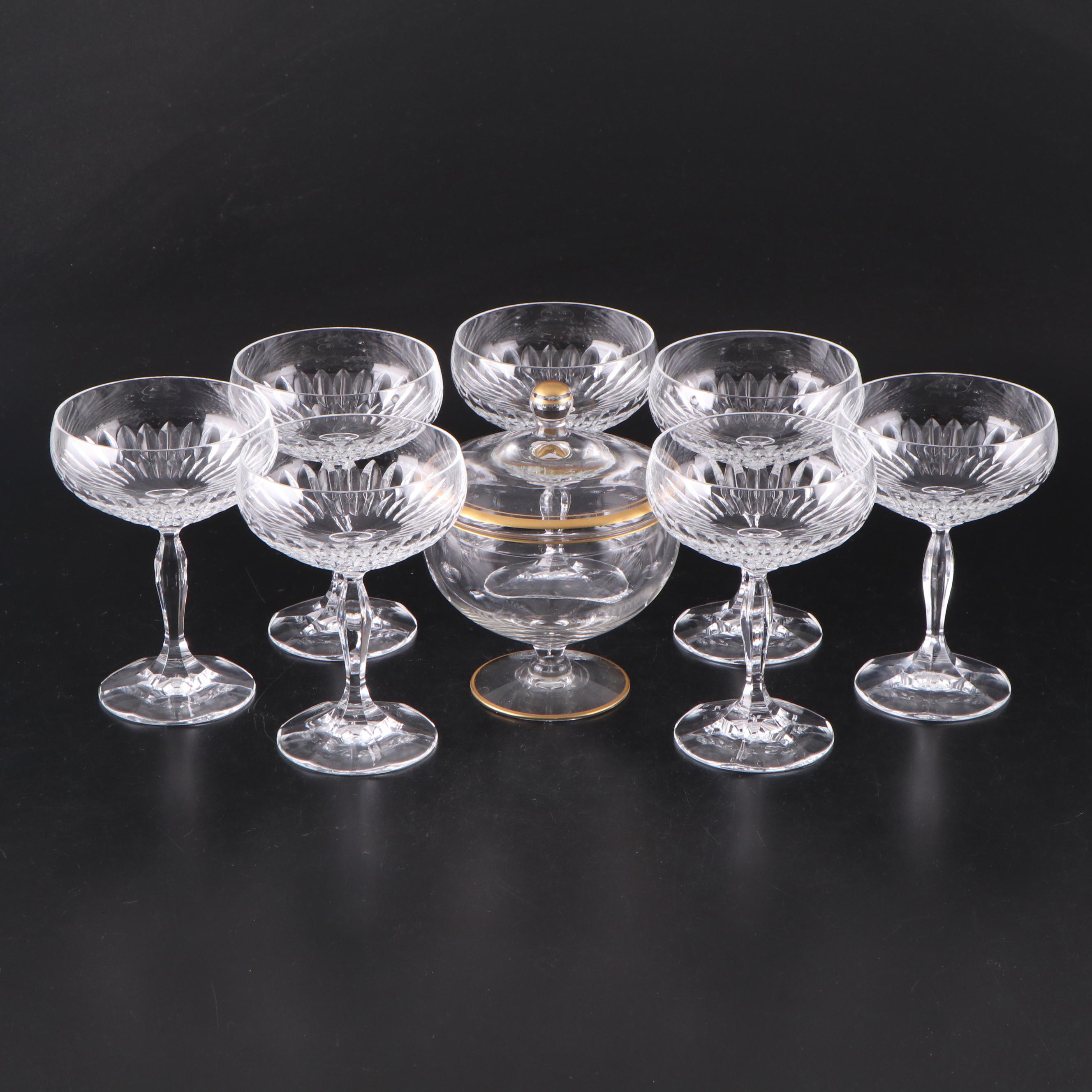 Cut Crystal Champagne Coupes with Gold Rim Glass Candy Dish