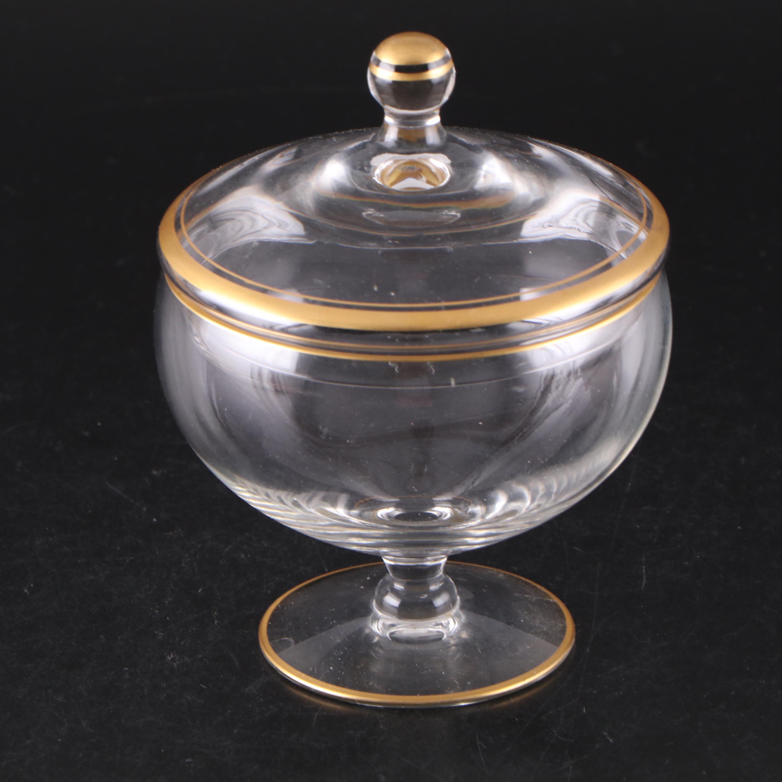 Cut Crystal Champagne Coupes with Gold Rim Glass Candy Dish