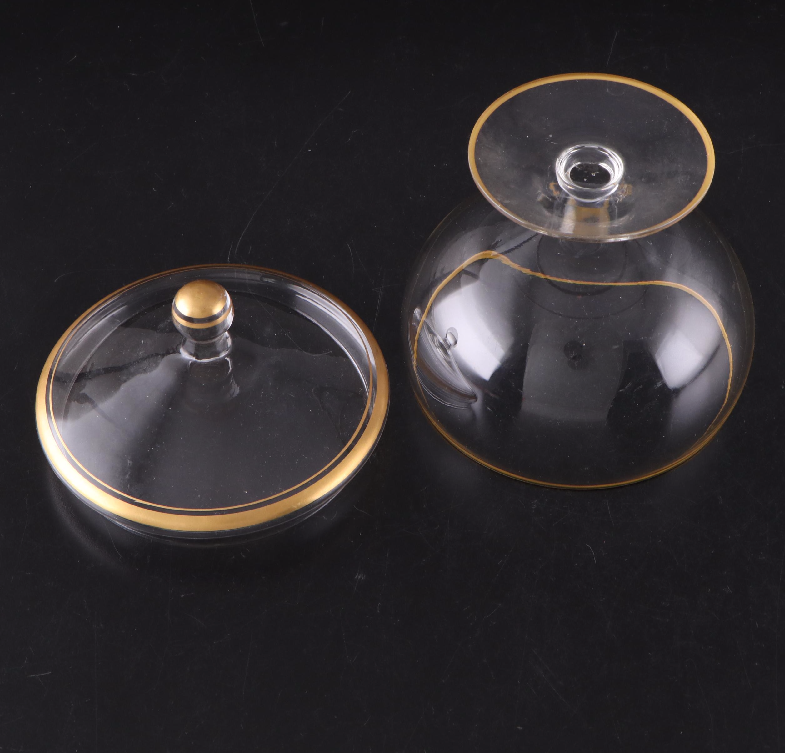 Cut Crystal Champagne Coupes with Gold Rim Glass Candy Dish