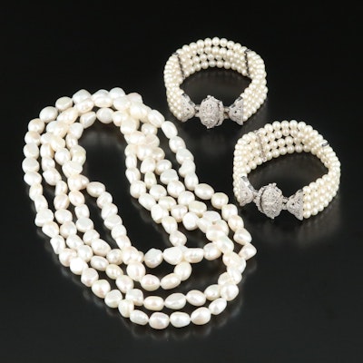 Sterling Pearl and Diamond Bracelets and Endless Pearl Necklace