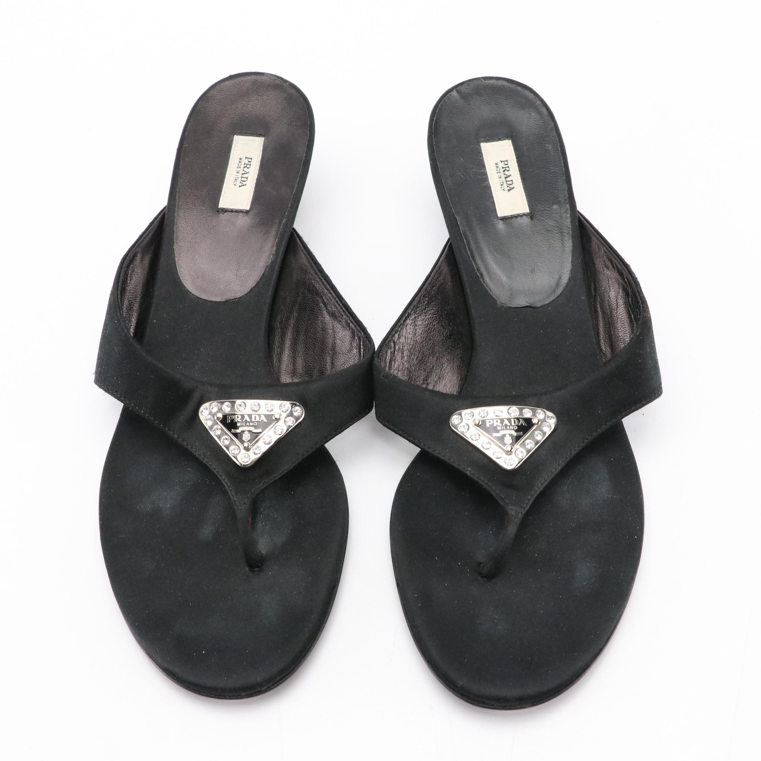 Prada Kitten Sandals in Black Satin and Rhinestone
