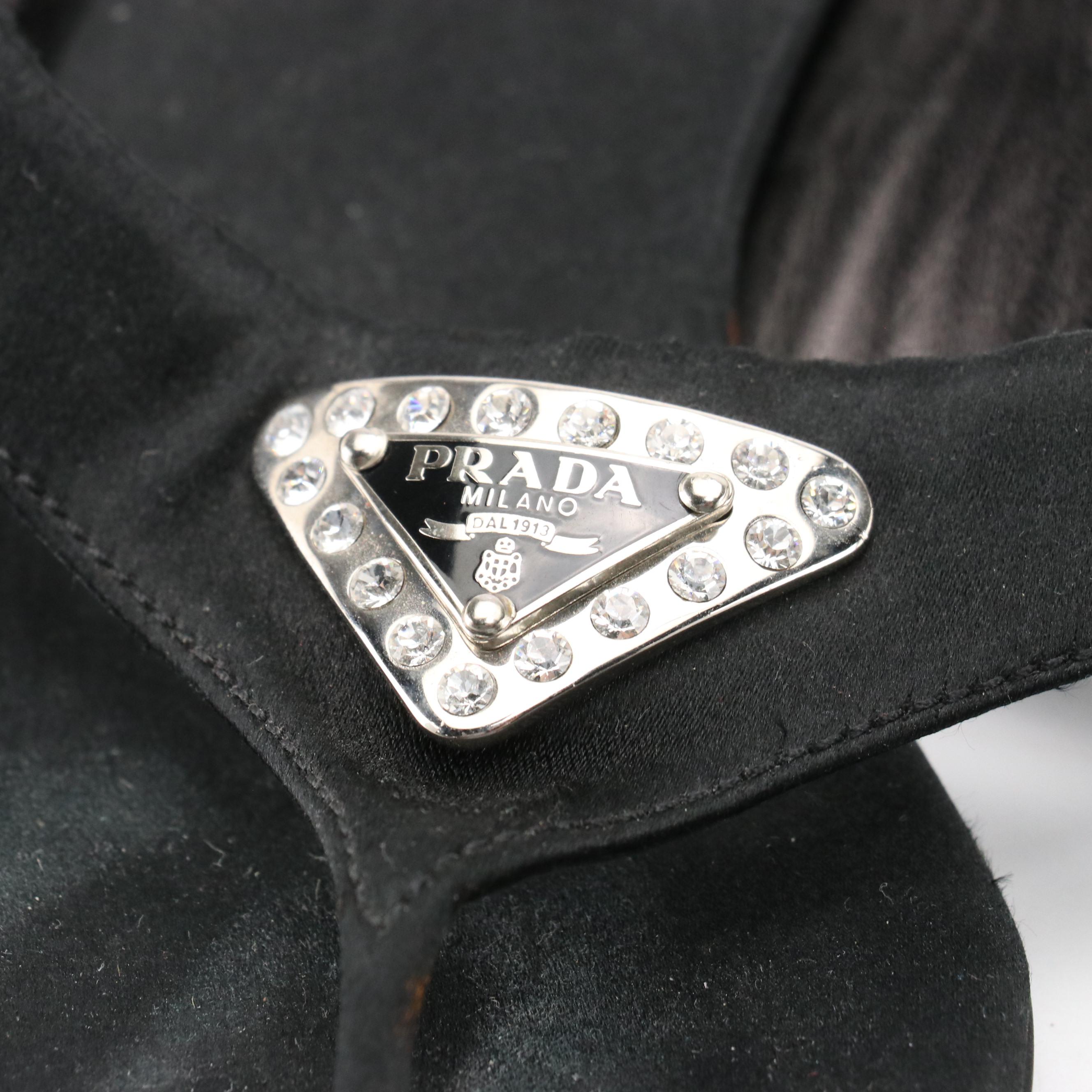 Prada Kitten Sandals in Black Satin and Rhinestone