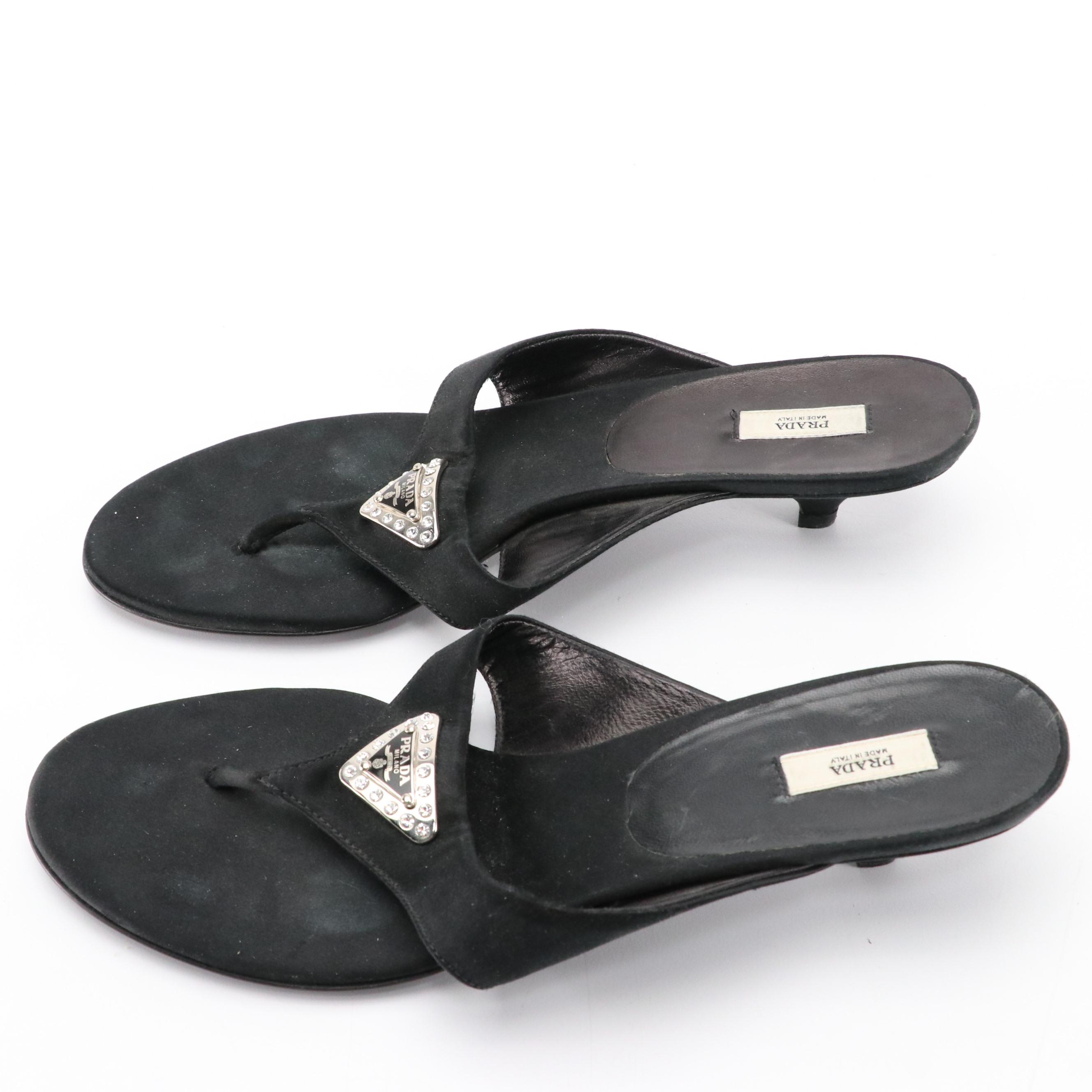 Prada Kitten Sandals in Black Satin and Rhinestone