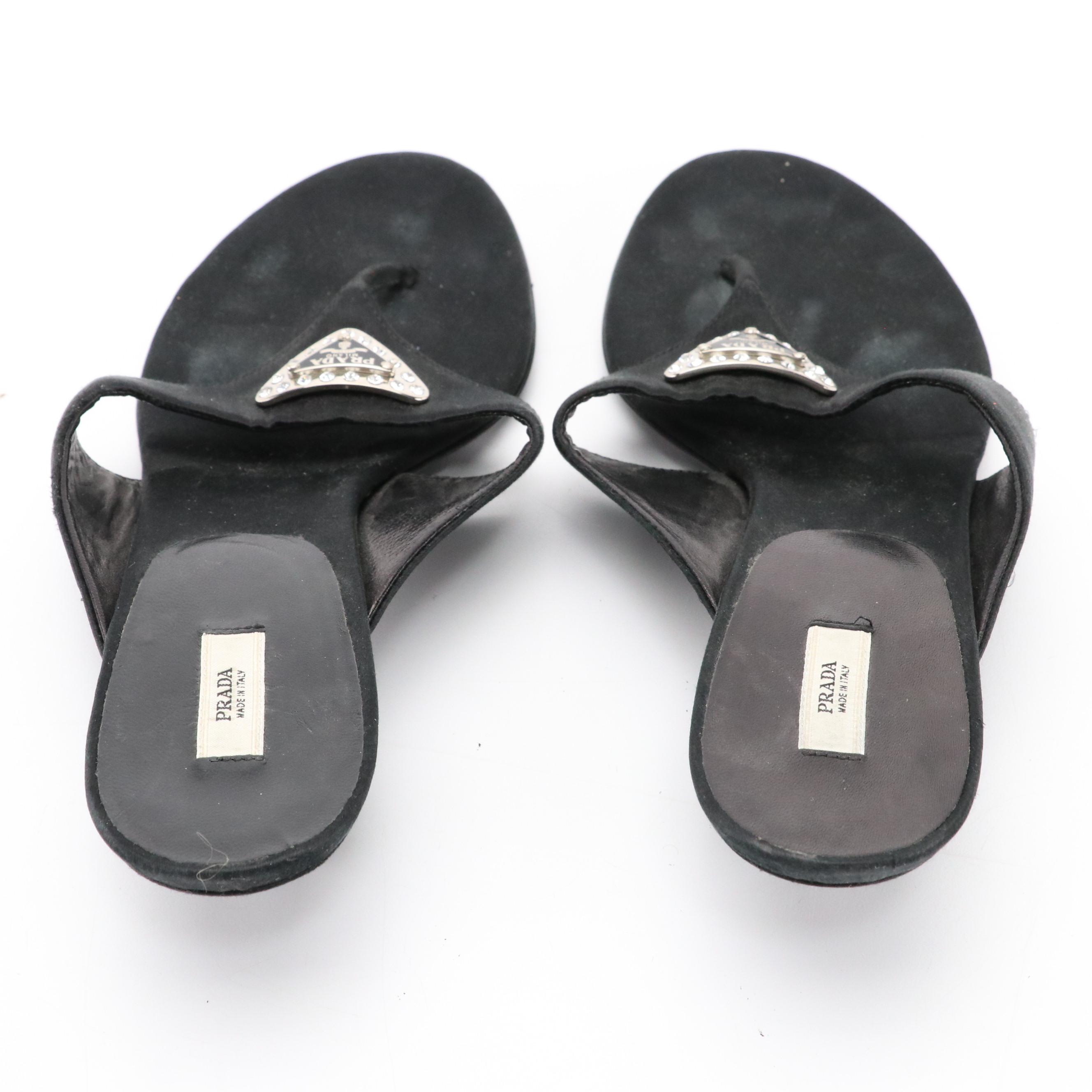 Prada Kitten Sandals in Black Satin and Rhinestone