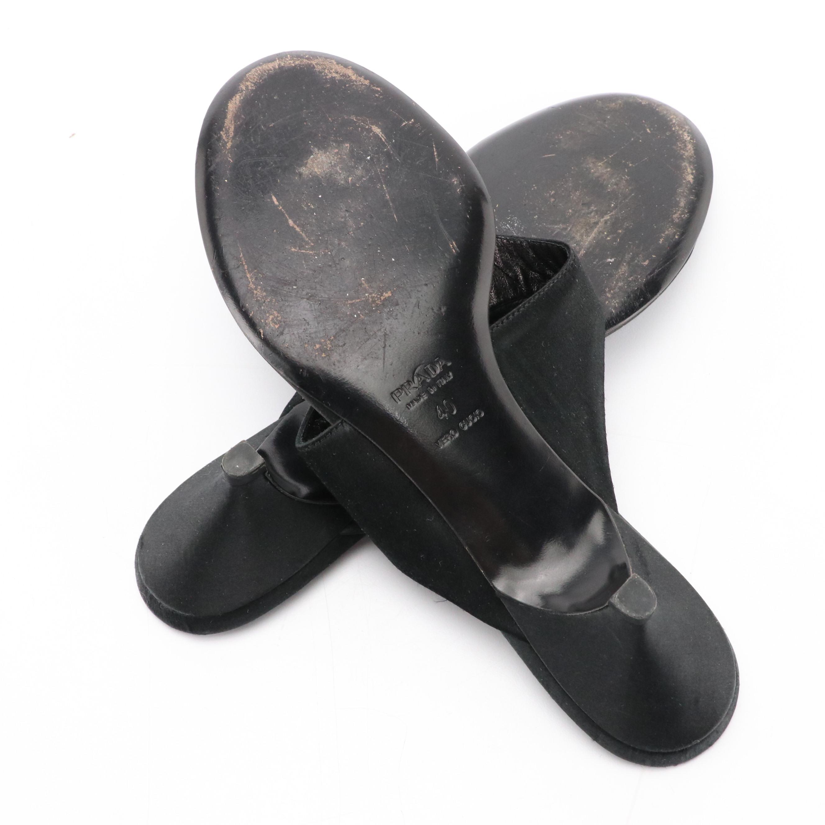 Prada Kitten Sandals in Black Satin and Rhinestone