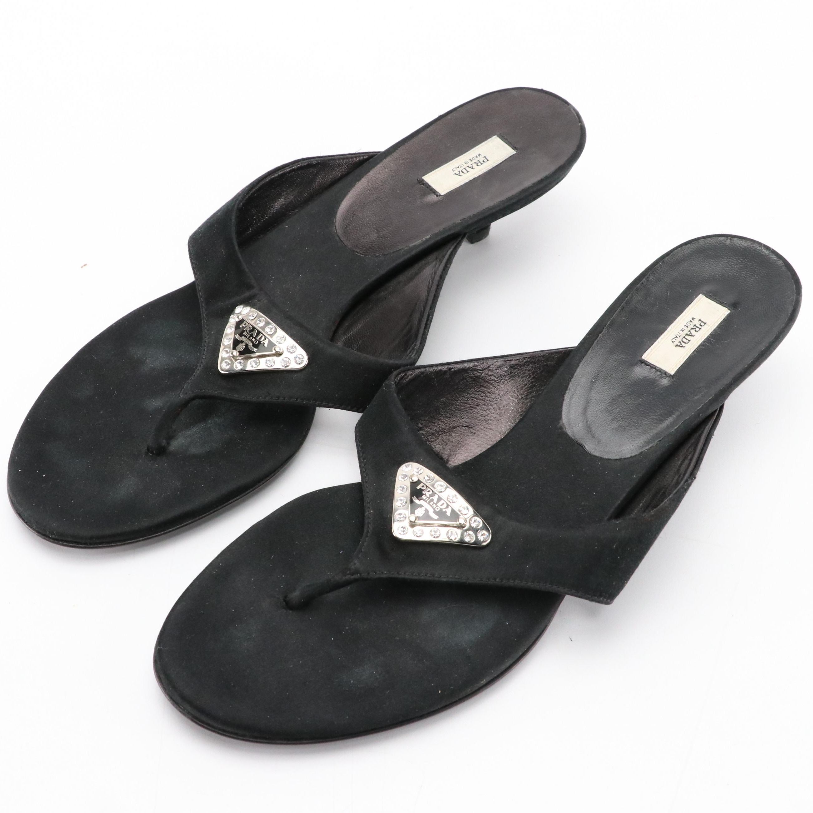 Prada Kitten Sandals in Black Satin and Rhinestone
