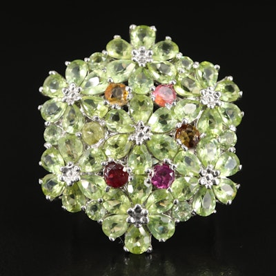 Sterling Cluster Flower Ring Including Peridot, Garnet and Tourmaline