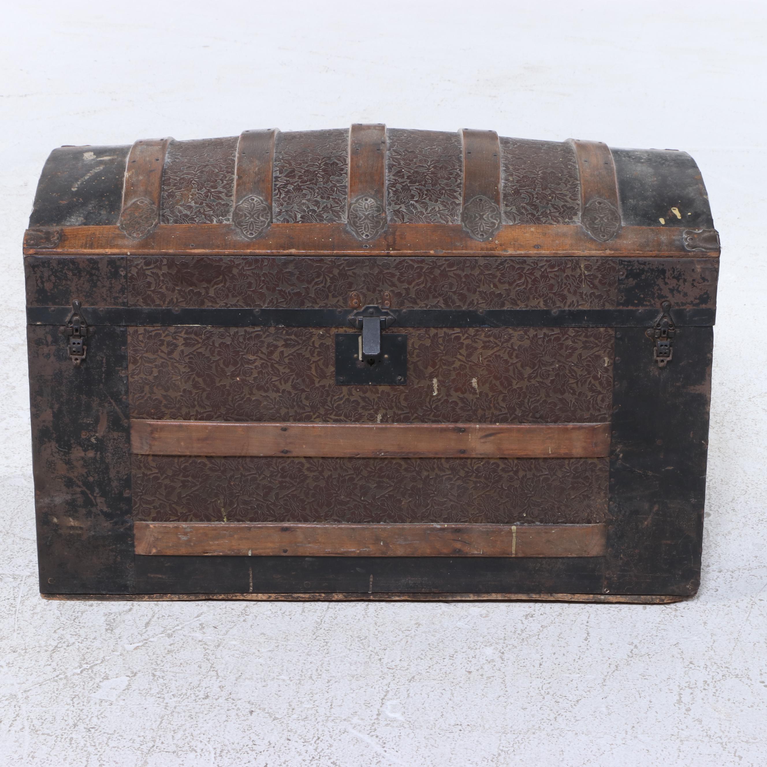 Victorian Wood and Metal Dome Top Steamer Trunk with Embossed Details