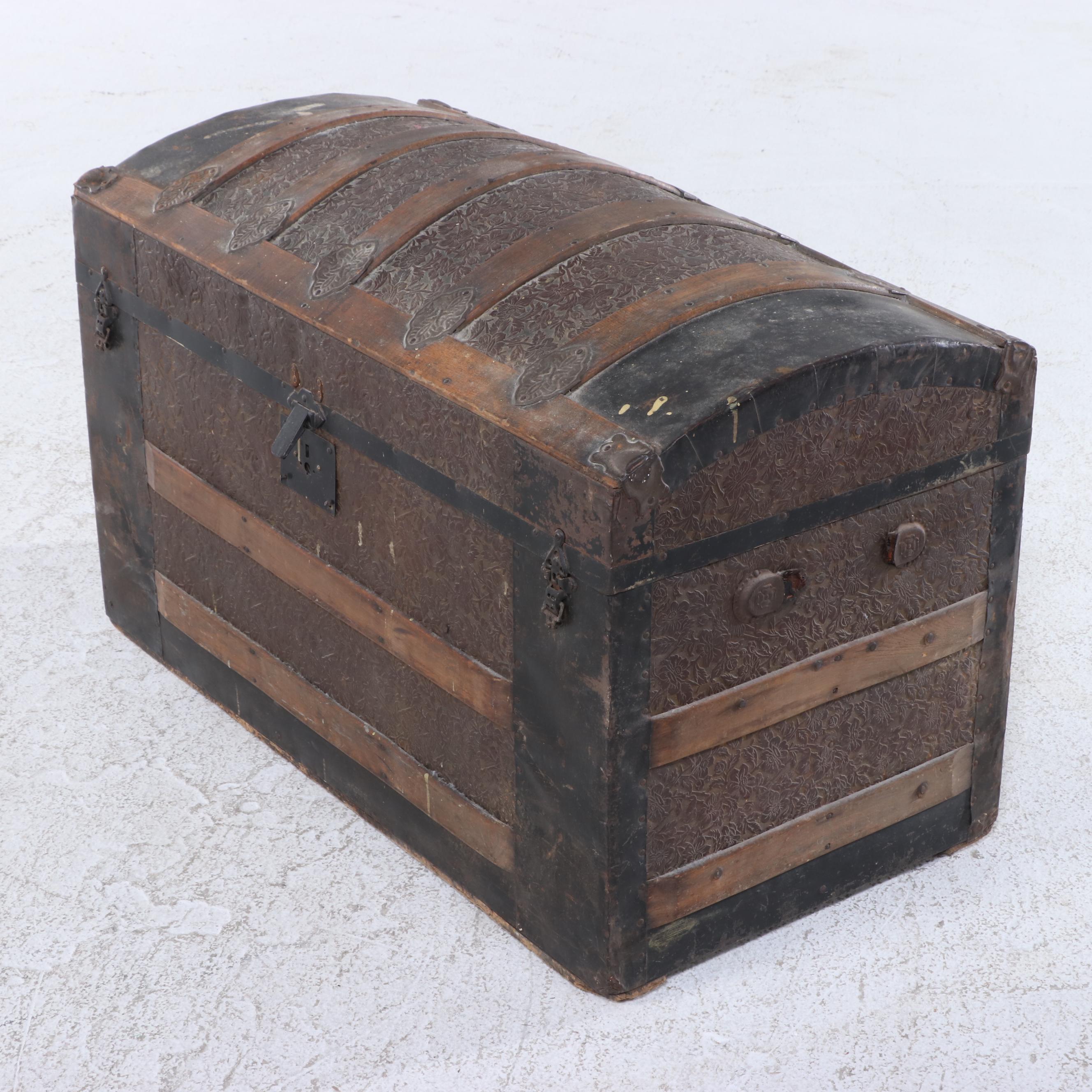 Victorian Wood and Metal Dome Top Steamer Trunk with Embossed Details