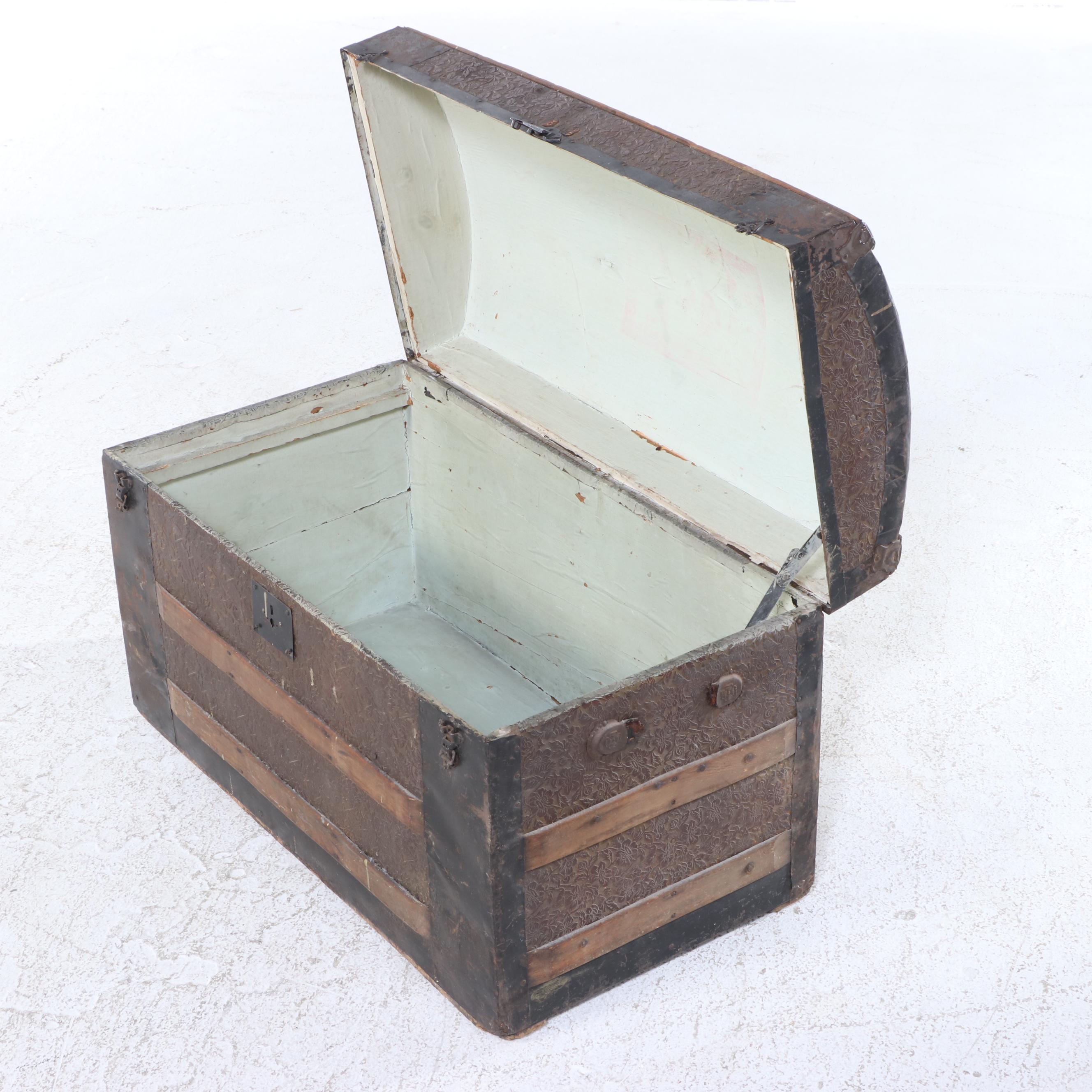 Victorian Wood and Metal Dome Top Steamer Trunk with Embossed Details