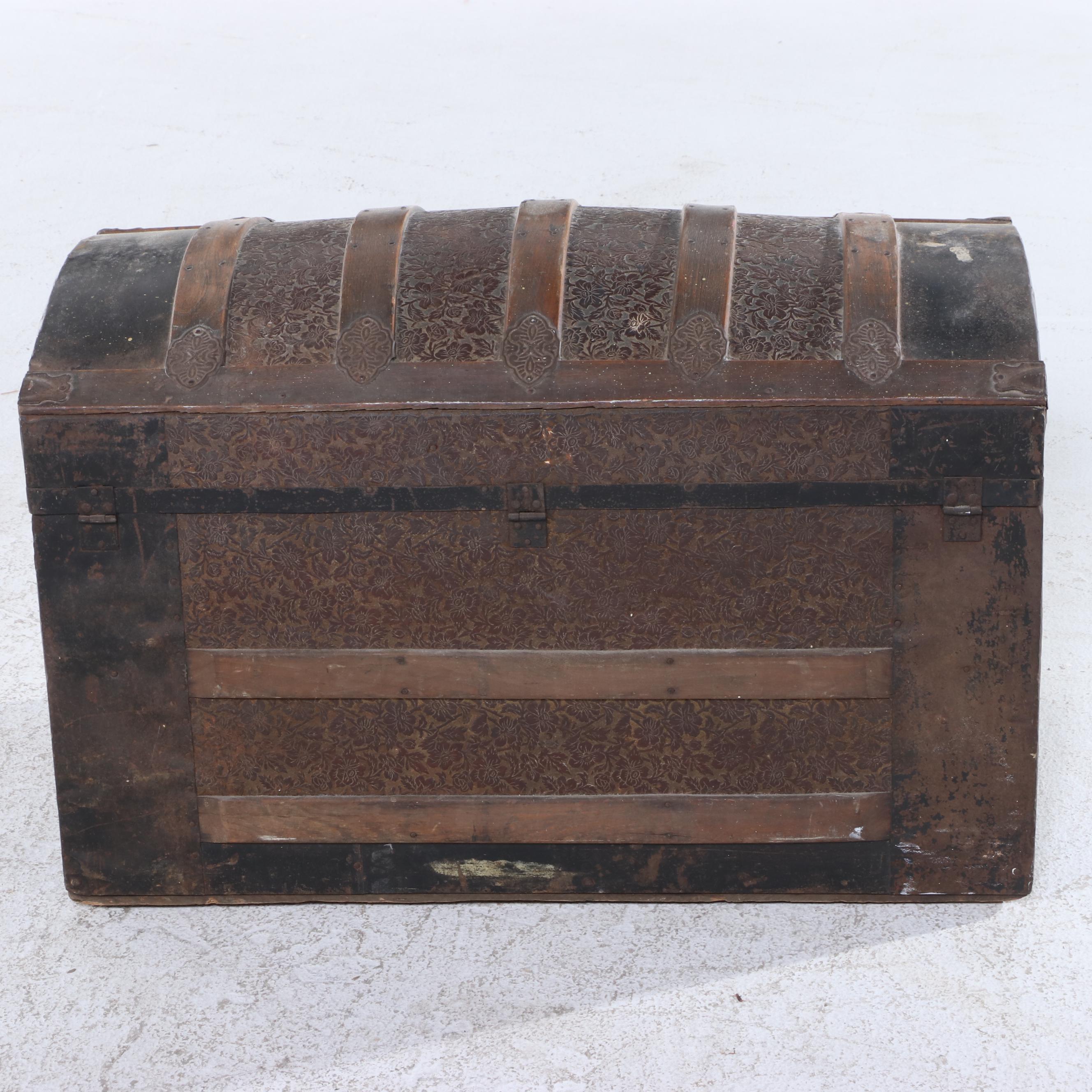 Victorian Wood and Metal Dome Top Steamer Trunk with Embossed Details