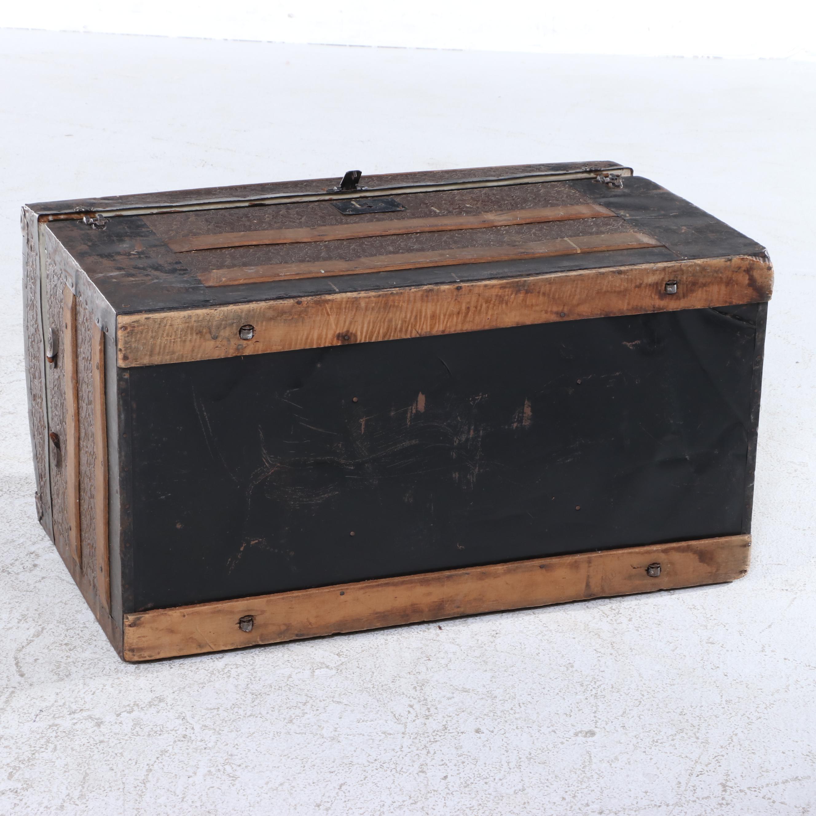 Victorian Wood and Metal Dome Top Steamer Trunk with Embossed Details