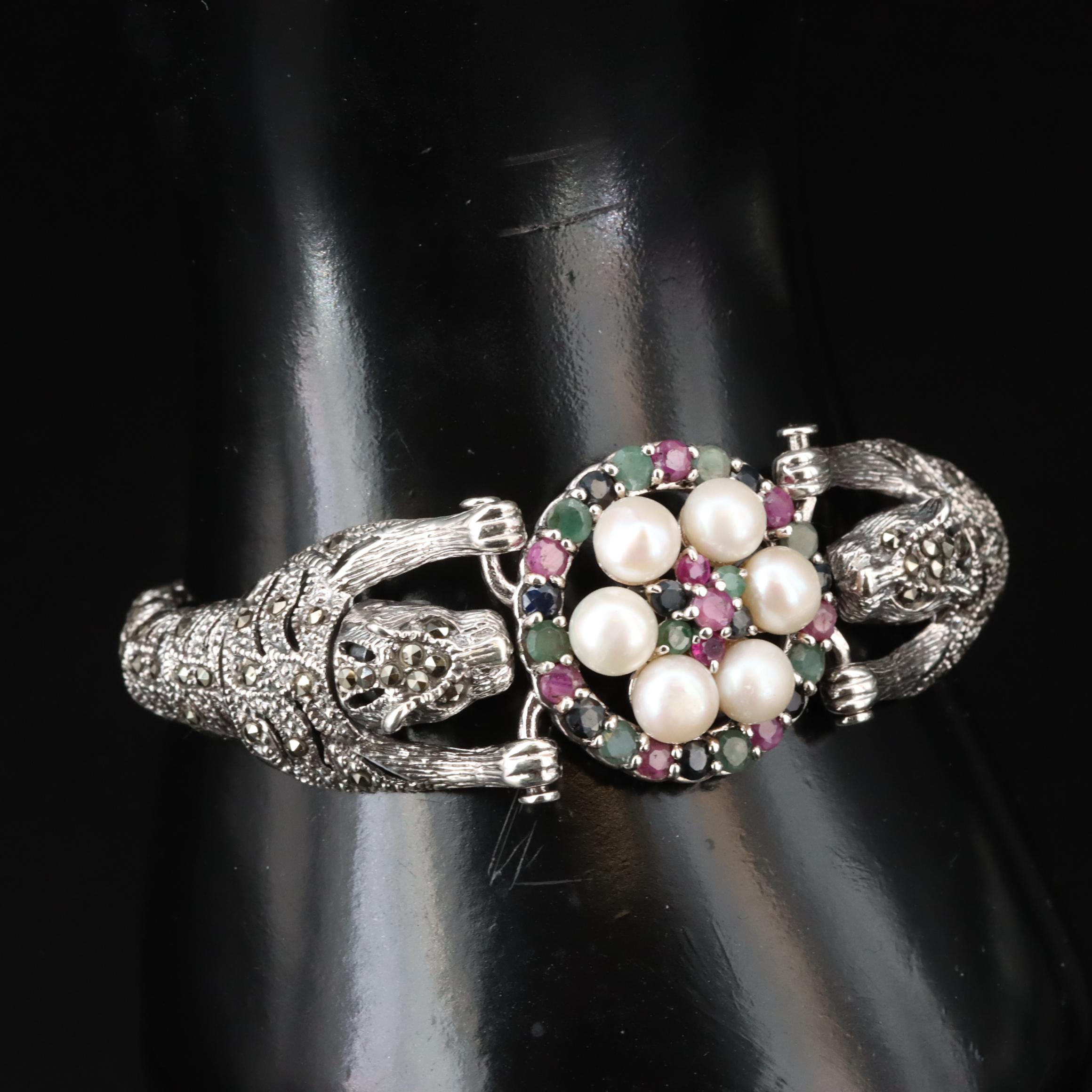 Sterling Multi-Gemstone Leopard Bracelet Including Pearl, Emerald and Ruby
